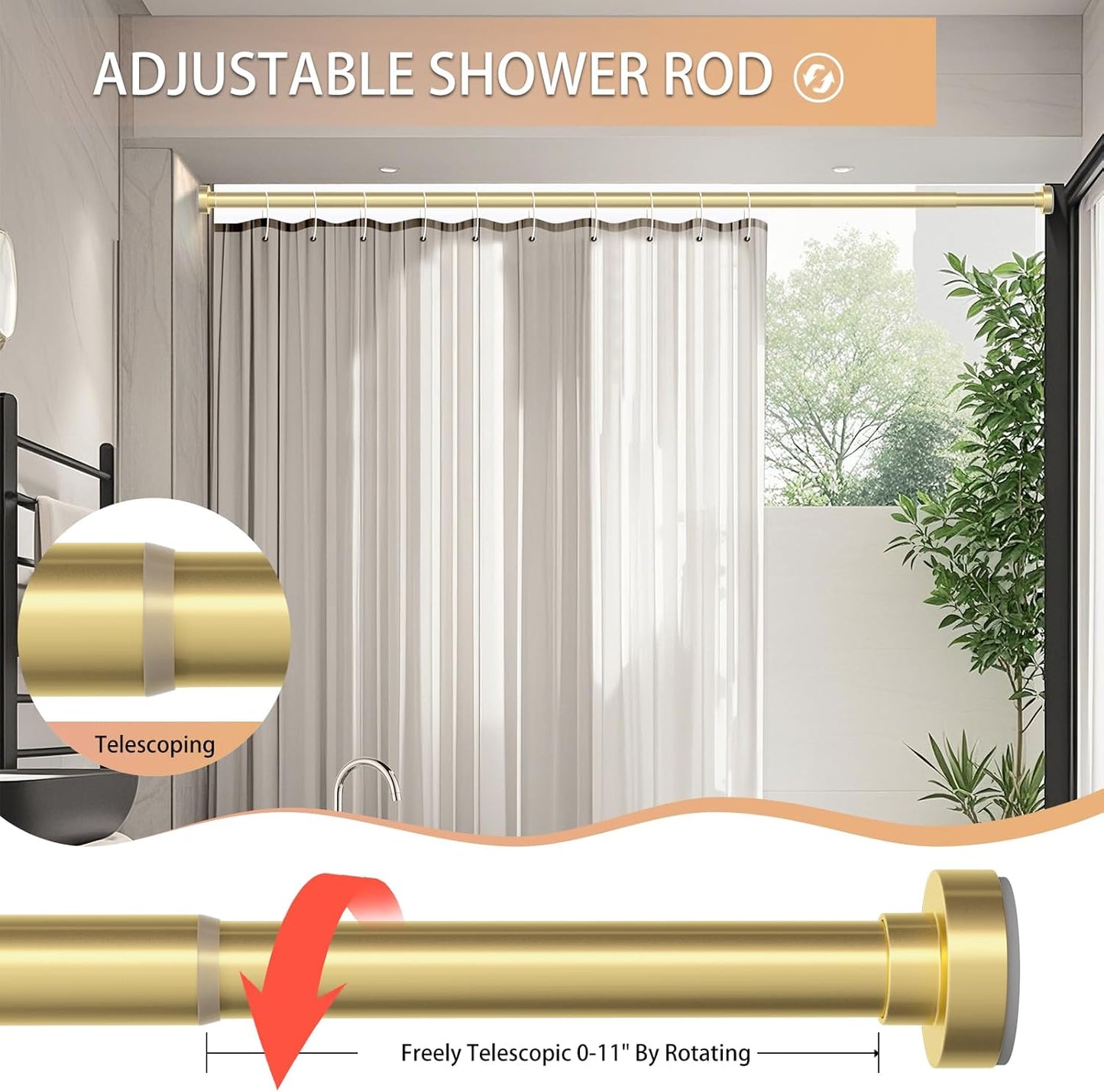 Gold Shower Curtain Rod 34-82 Inches(2.8-6.8ft) Never Rust Adjustable Shower Rod Spring Tension Non Slip No Drilling Shower Rods for Bathroom Garland Window