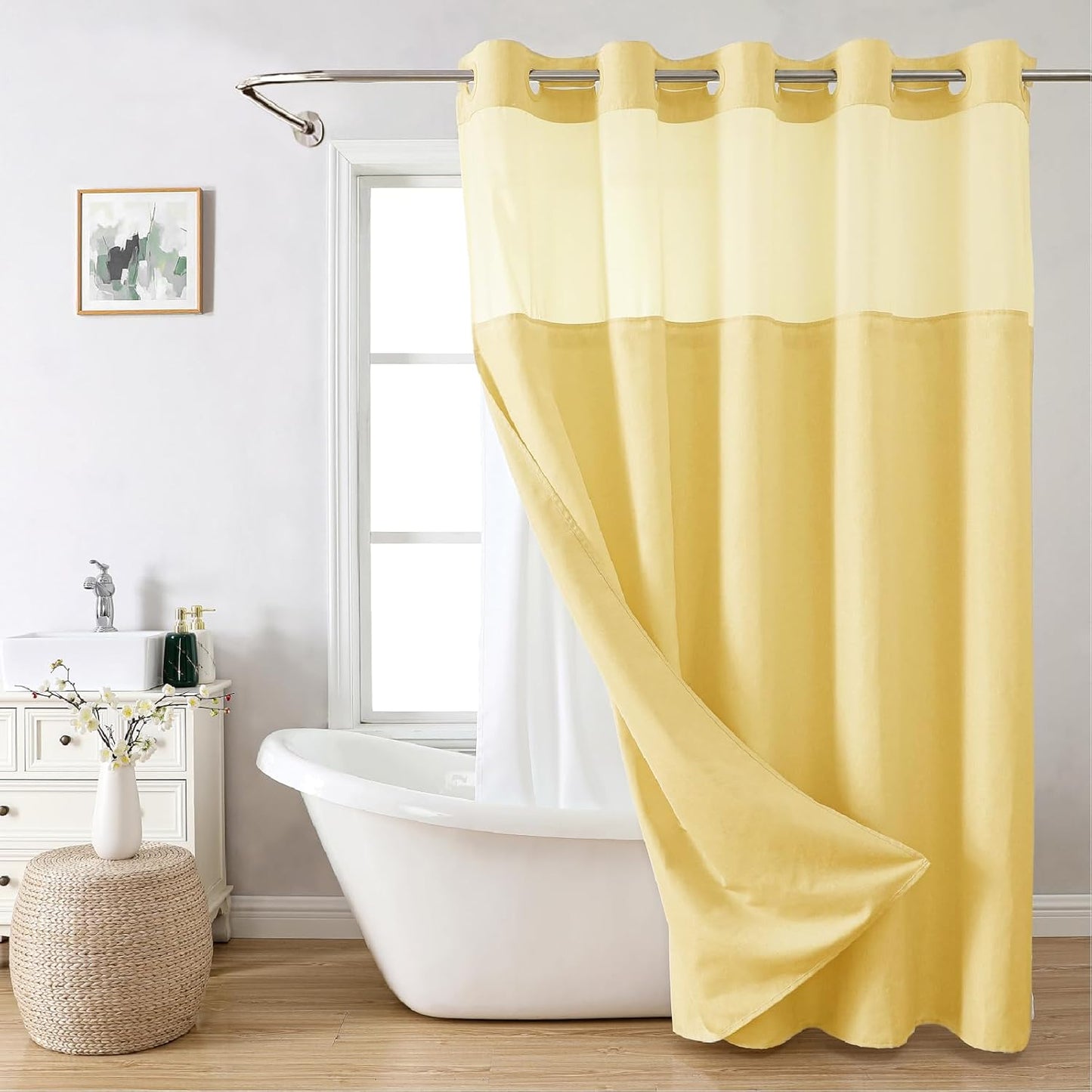 No Hooks Polyester Textured Shower Curtain with Snap-in Fabric Liner Set, Hotel Luxury Decor Shower Curtains for Bathroom with See Through Top Window, Waterproof & Washable, 71Wx74H, Cream