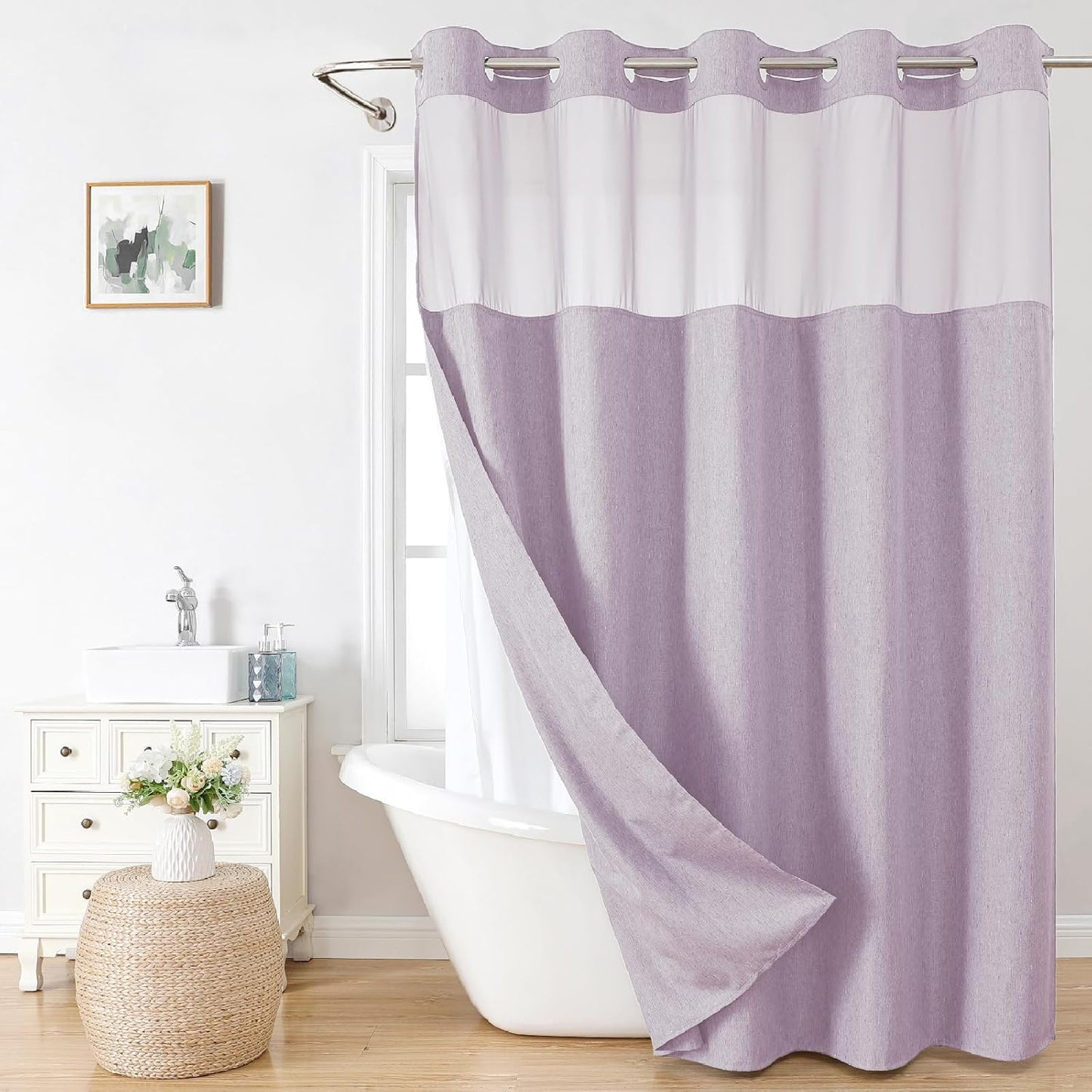 No Hooks Polyester Textured Shower Curtain with Snap-in Fabric Liner Set, Hotel Luxury Decor Shower Curtains for Bathroom with See Through Top Window, Waterproof & Washable, 71Wx74H, Cream