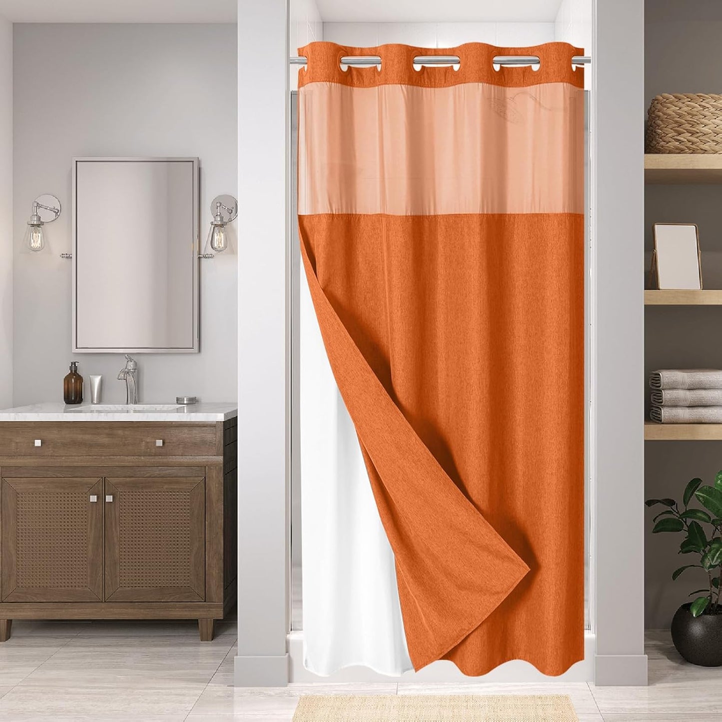 No Hooks Polyester Textured Shower Curtain with Snap-in Fabric Liner Set, Hotel Luxury Decor Shower Curtains for Bathroom with See Through Top Window, Waterproof & Washable, 71Wx74H, Cream