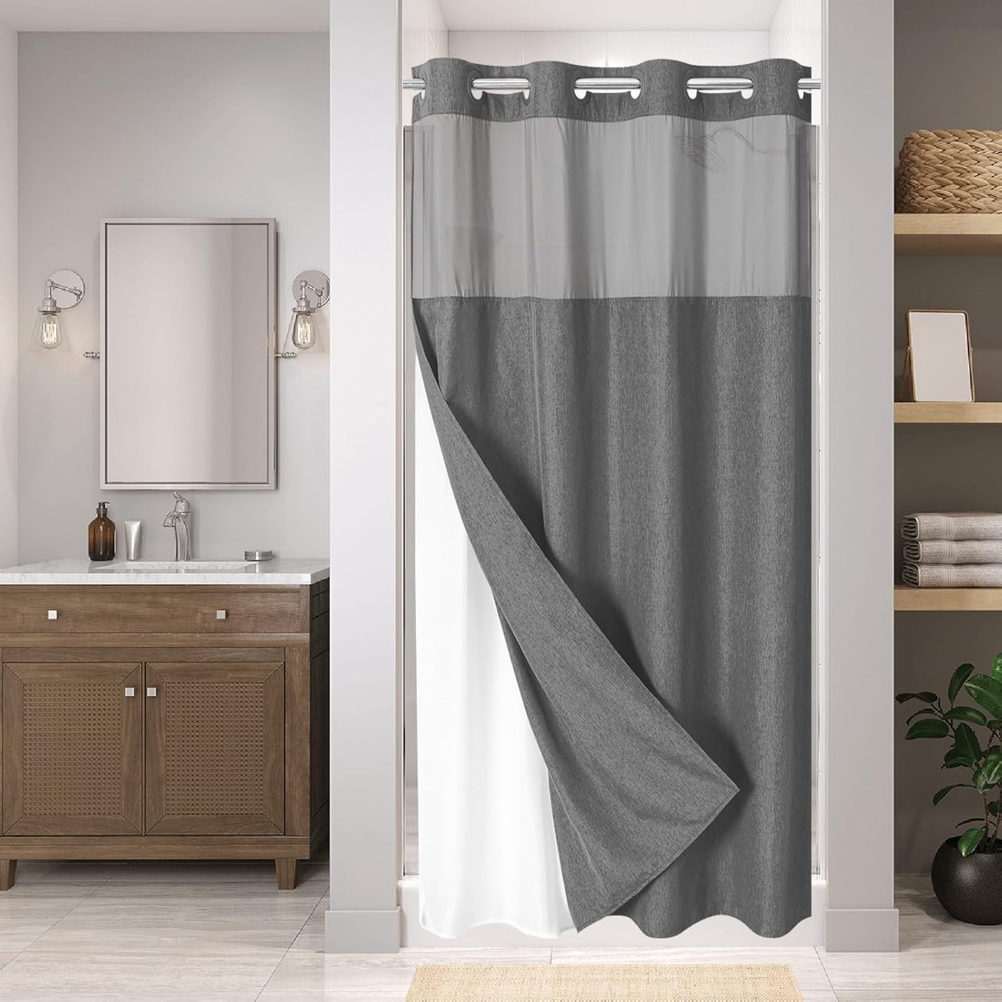 No Hooks Polyester Textured Shower Curtain with Snap-in Fabric Liner Set, Hotel Luxury Decor Shower Curtains for Bathroom with See Through Top Window, Waterproof & Washable, 71Wx74H, Cream