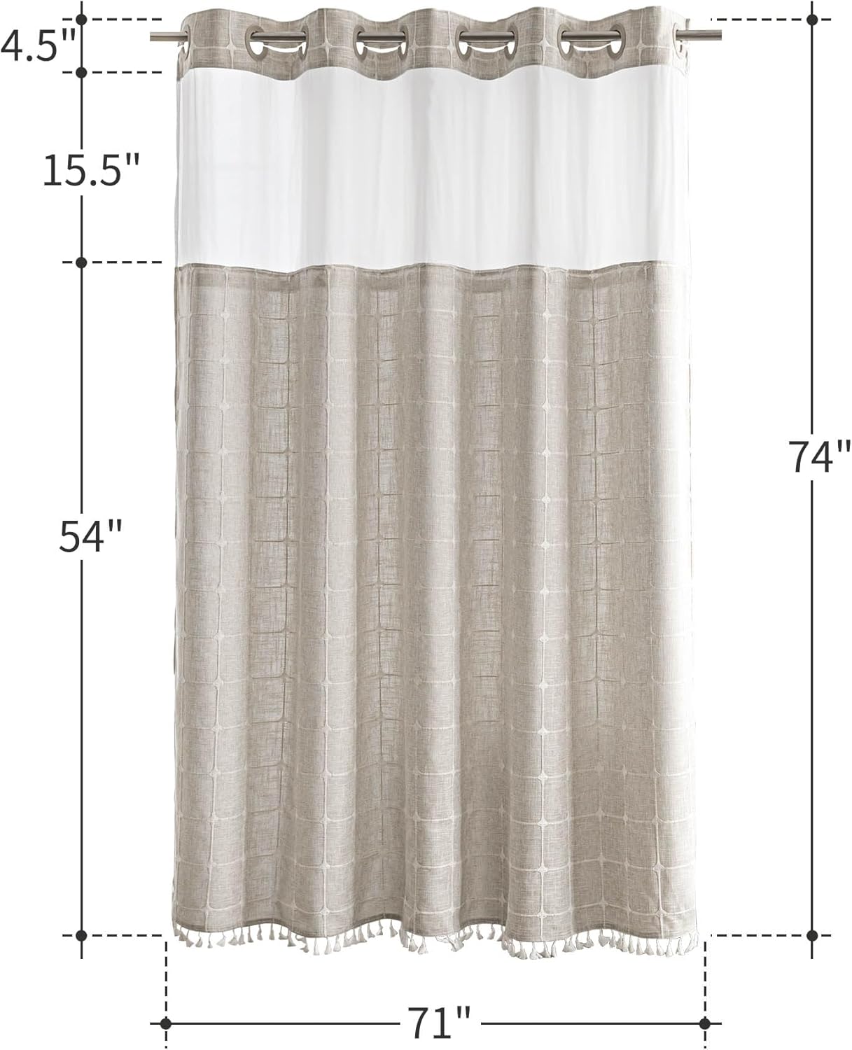 River Dream Farmhouse Linen Textured Shower Curtain with Snap-in Liner Set, No Hooks Needed, with Tassels for Rustic Bathroom Decor,with Window,with Magnets,Linen,71Wx74H