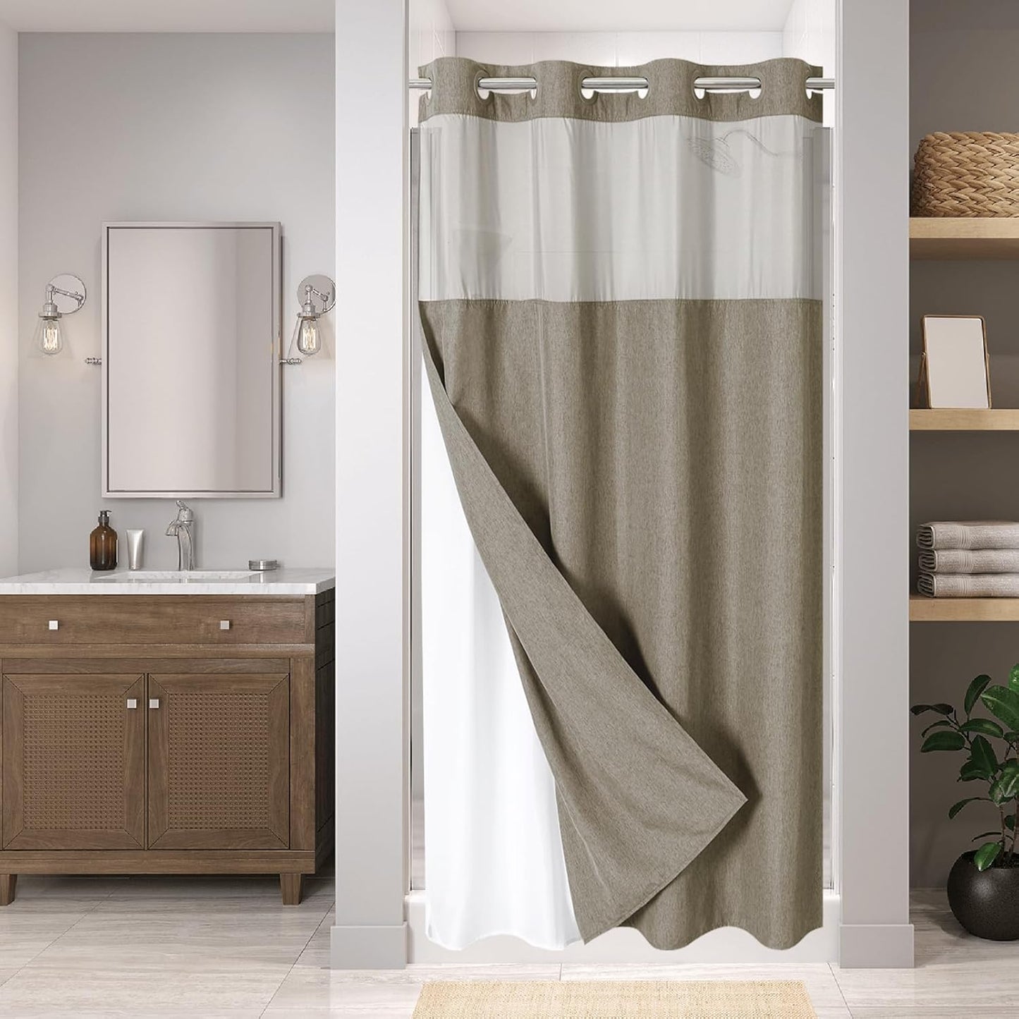 No Hooks Polyester Textured Shower Curtain with Snap-in Fabric Liner Set, Hotel Luxury Decor Shower Curtains for Bathroom with See Through Top Window, Waterproof & Washable, 71Wx74H, Cream