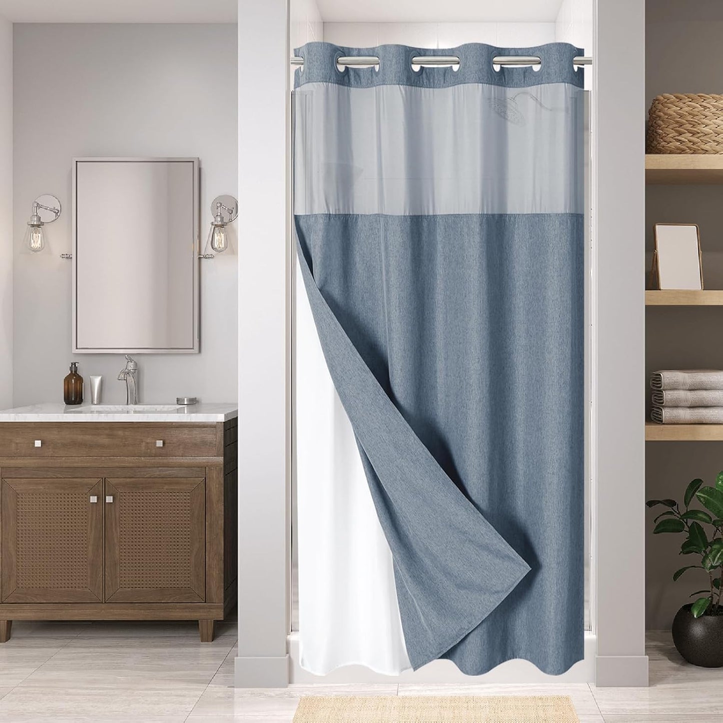 No Hooks Polyester Textured Shower Curtain with Snap-in Fabric Liner Set, Hotel Luxury Decor Shower Curtains for Bathroom with See Through Top Window, Waterproof & Washable, 71Wx74H, Cream