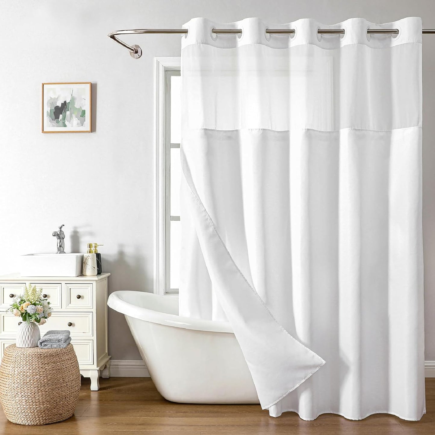 No Hooks Polyester Textured Shower Curtain with Snap-in Fabric Liner Set, Hotel Luxury Decor Shower Curtains for Bathroom with See Through Top Window, Waterproof & Washable, 71Wx74H, Cream