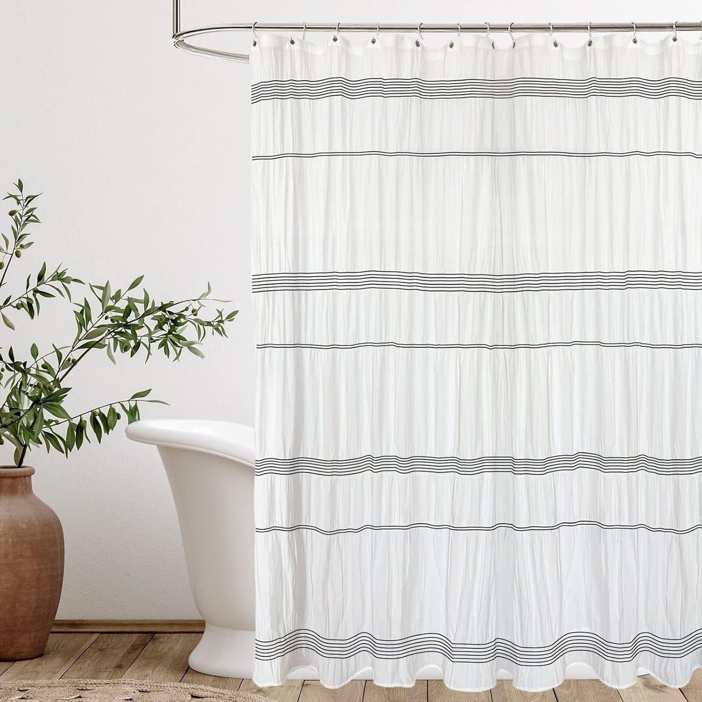 Seasonwood White Shower Curtain Farmhouse Shower Curtain Rustic Striped Cotton Blend Fabric Shower Curtains Heavy Weighted Bathroom Decor, 72 x 72