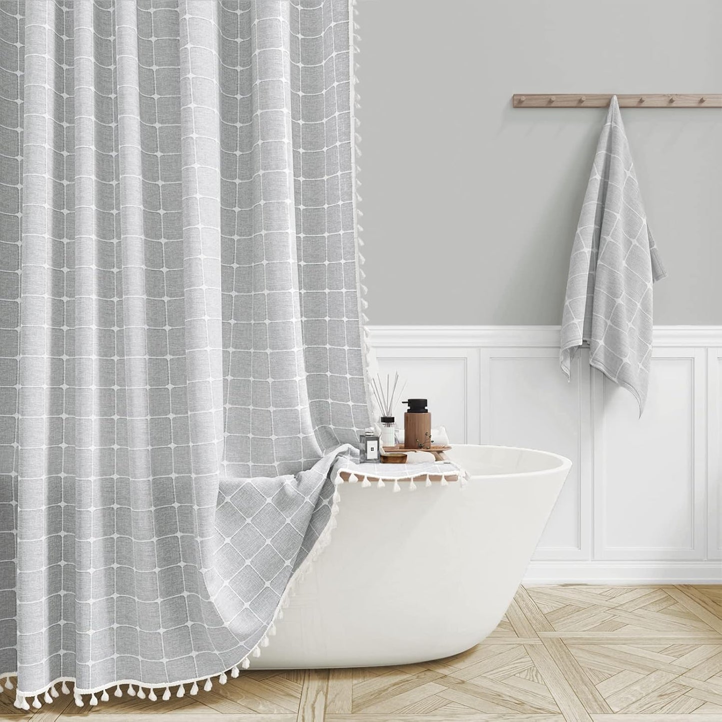 BTTN Extra Long Shower Curtain - 72x84 Inch Long Boho Linen Thick Fabric Shower Curtain Set with Plastic Hooks, Tall Farmhouse French Country Chic Macrame Cloth Shower Curtains for Bathroom, Tan/Taupe