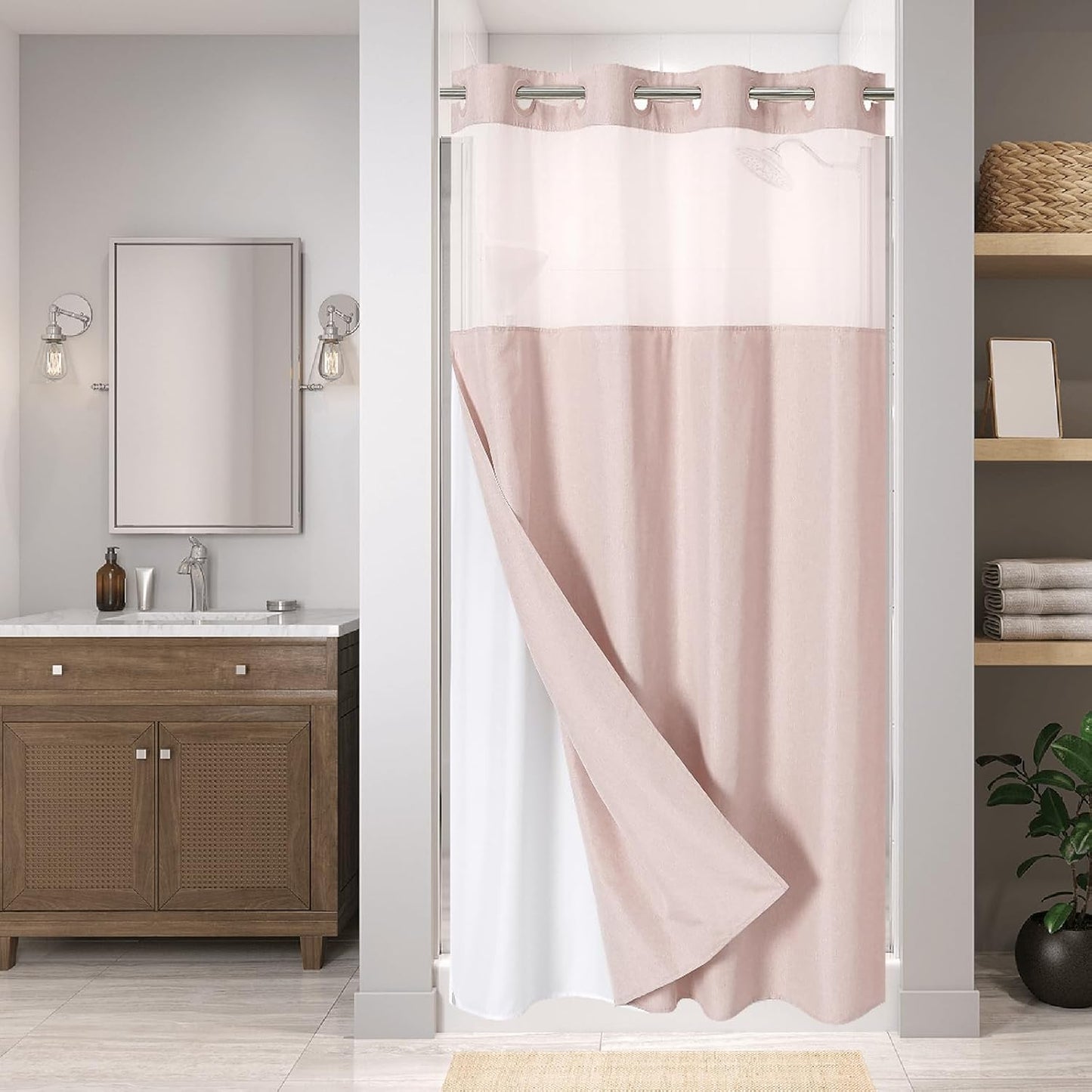 No Hooks Polyester Textured Shower Curtain with Snap-in Fabric Liner Set, Hotel Luxury Decor Shower Curtains for Bathroom with See Through Top Window, Waterproof & Washable, 71Wx74H, Cream