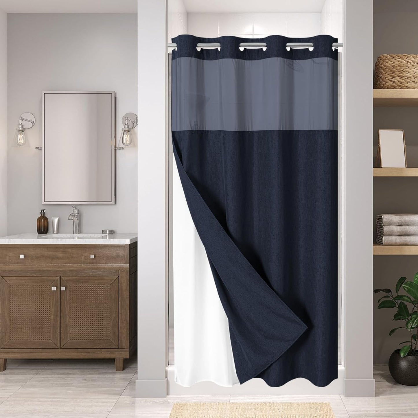 No Hooks Polyester Textured Shower Curtain with Snap-in Fabric Liner Set, Hotel Luxury Decor Shower Curtains for Bathroom with See Through Top Window, Waterproof & Washable, 71Wx74H, Cream