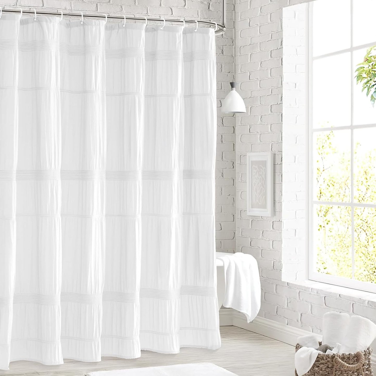 Seasonwood White Shower Curtain Farmhouse Shower Curtain Rustic Striped Cotton Blend Fabric Shower Curtains Heavy Weighted Bathroom Decor, 72 x 72