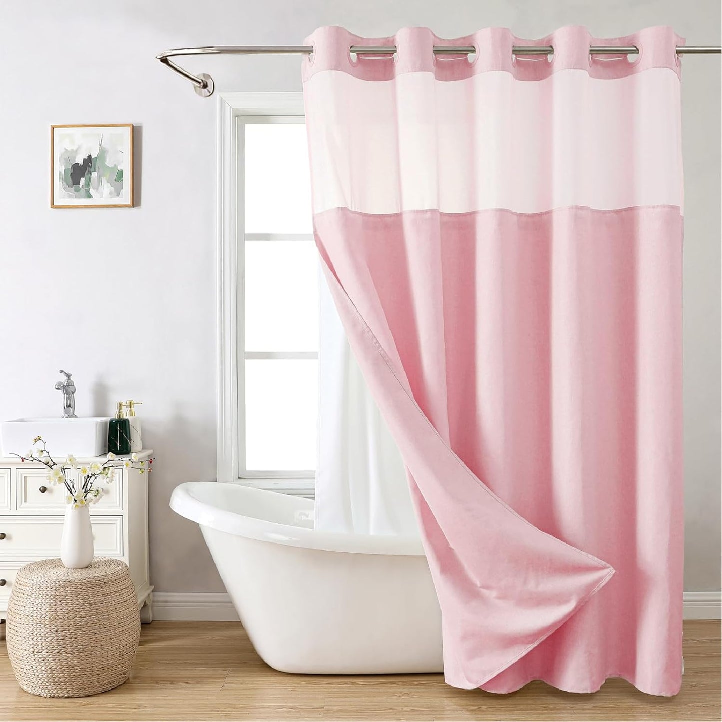 No Hooks Polyester Textured Shower Curtain with Snap-in Fabric Liner Set, Hotel Luxury Decor Shower Curtains for Bathroom with See Through Top Window, Waterproof & Washable, 71Wx74H, Cream