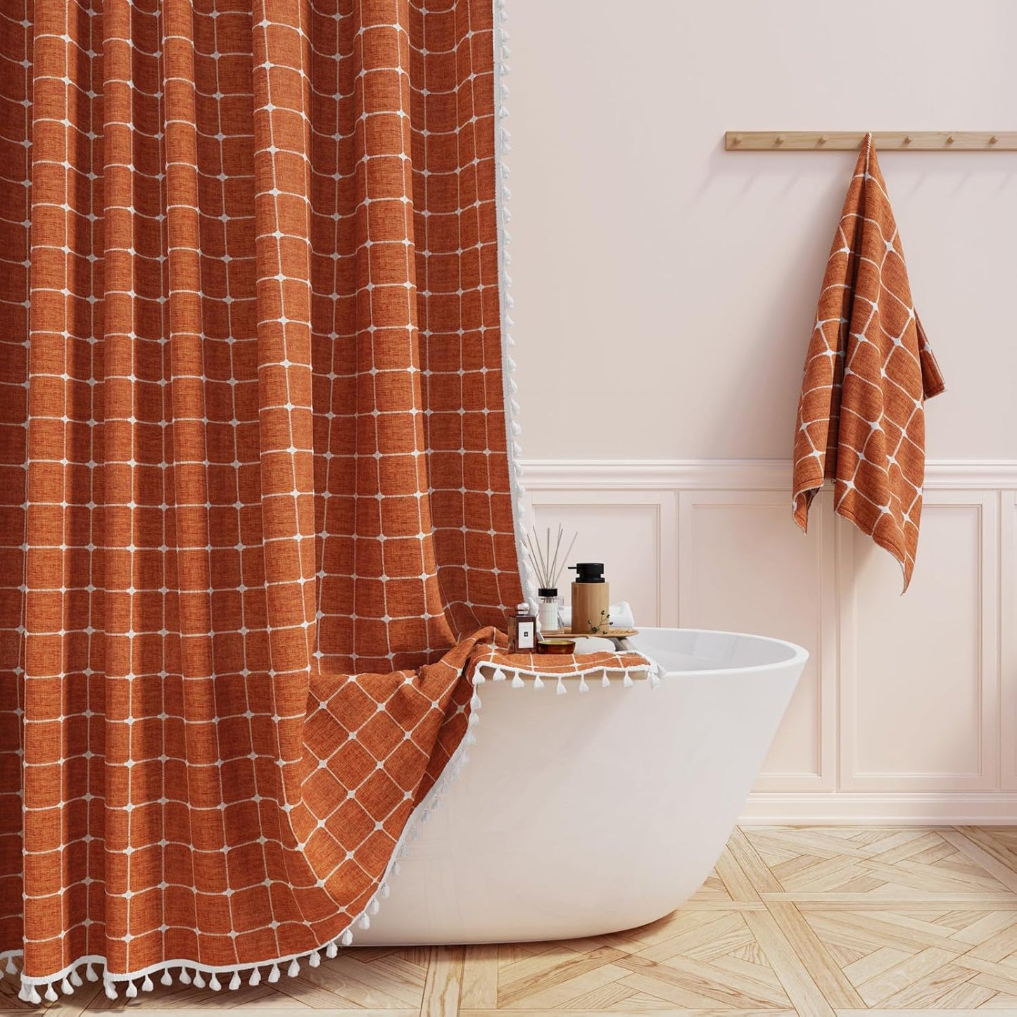 BTTN Extra Long Shower Curtain - 72x84 Inch Long Boho Linen Thick Fabric Shower Curtain Set with Plastic Hooks, Tall Farmhouse French Country Chic Macrame Cloth Shower Curtains for Bathroom, Tan/Taupe