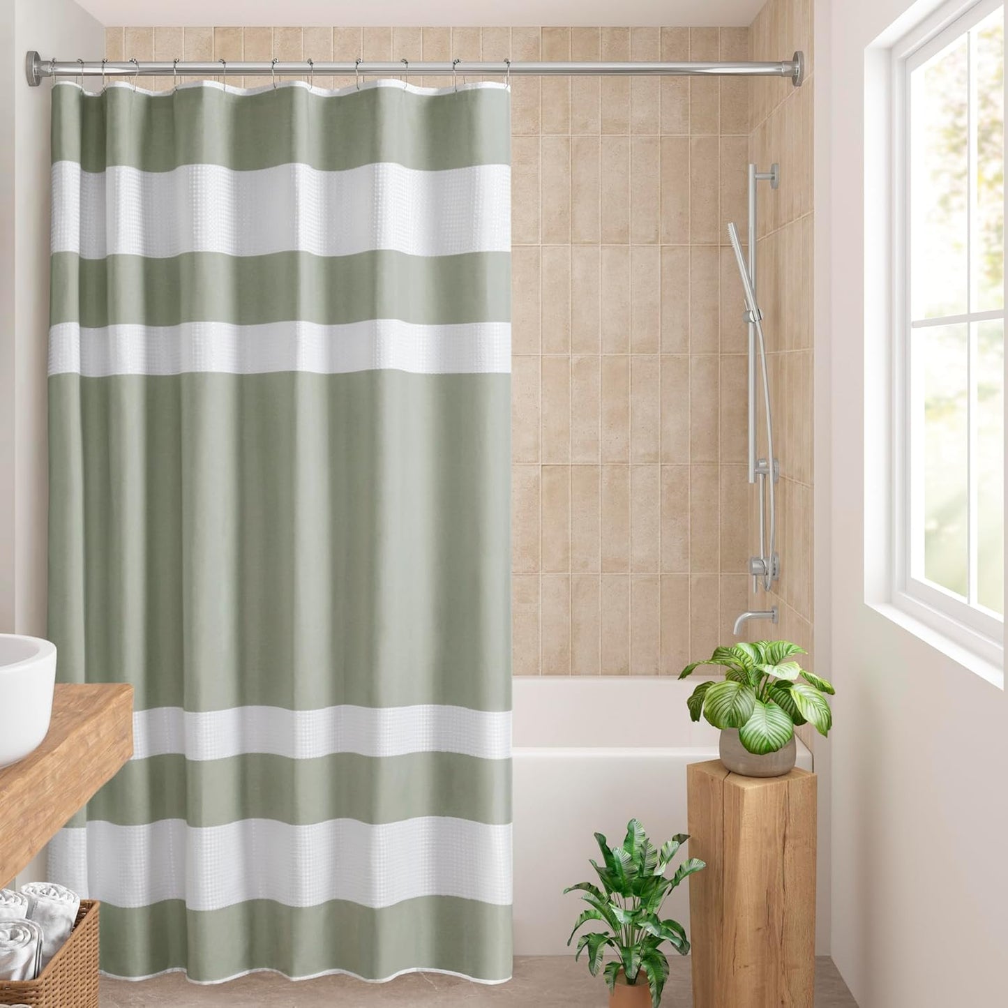 Madison Park Shower Curtain Waffle Weave Striped Pieced Design Fabric Shower Curtains for Bathroom with 3M Scotchgard Moisture Management Premium Spa Quality Modern Standard 72"x72" Grey