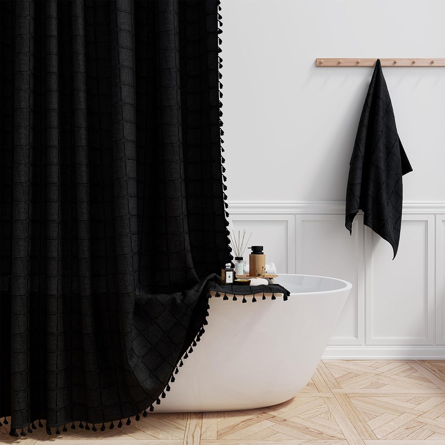 BTTN Extra Long Shower Curtain - 72x84 Inch Long Boho Linen Thick Fabric Shower Curtain Set with Plastic Hooks, Tall Farmhouse French Country Chic Macrame Cloth Shower Curtains for Bathroom, Tan/Taupe