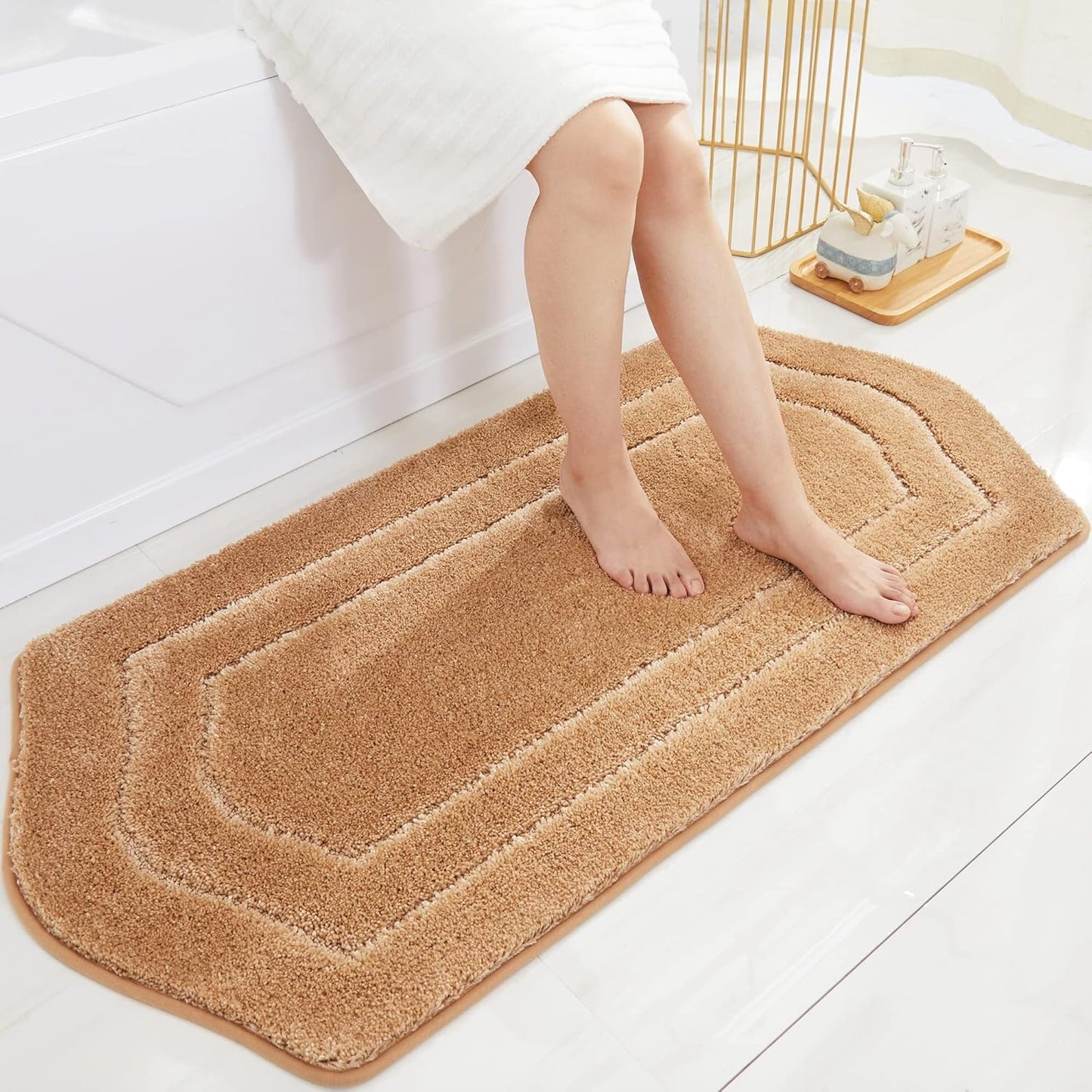 COSY HOMEER Extra Thick Bath Linen Sets Rugs for Bathroom - Anti-Slip Bath Mats Soft Plush 100% Strong Polyester Living Room Bedroom Water Absorbent(Beige,20x32+24x48 -Inches)
