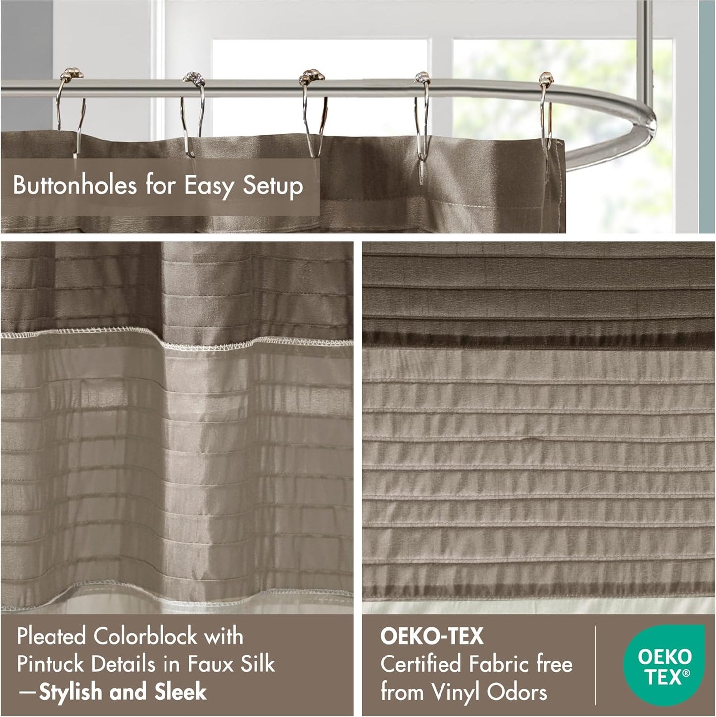 Madison Park Amherst Bathroom Shower Curtain Faux Silk Pieced Striped Modern Microfiber Bath Curtains, 72x72 Inches, Natural