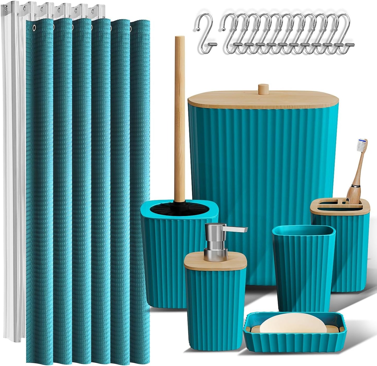 Clara Clark Bathroom Accessories Set - Bathroom Set, 20PC Bathroom Accessory Set, Black Shower Curtain Set, Toilet Brush, Trash Can & Soap Dispenser