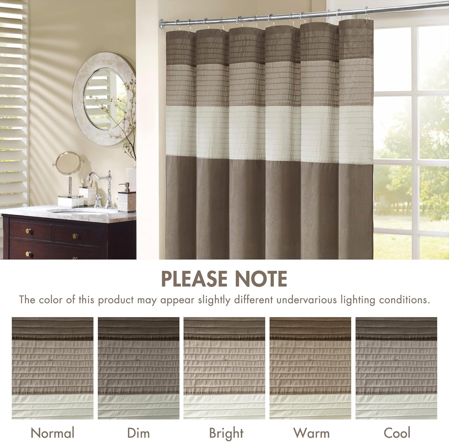 Madison Park Amherst Bathroom Shower Curtain Faux Silk Pieced Striped Modern Microfiber Bath Curtains, 72x72 Inches, Natural
