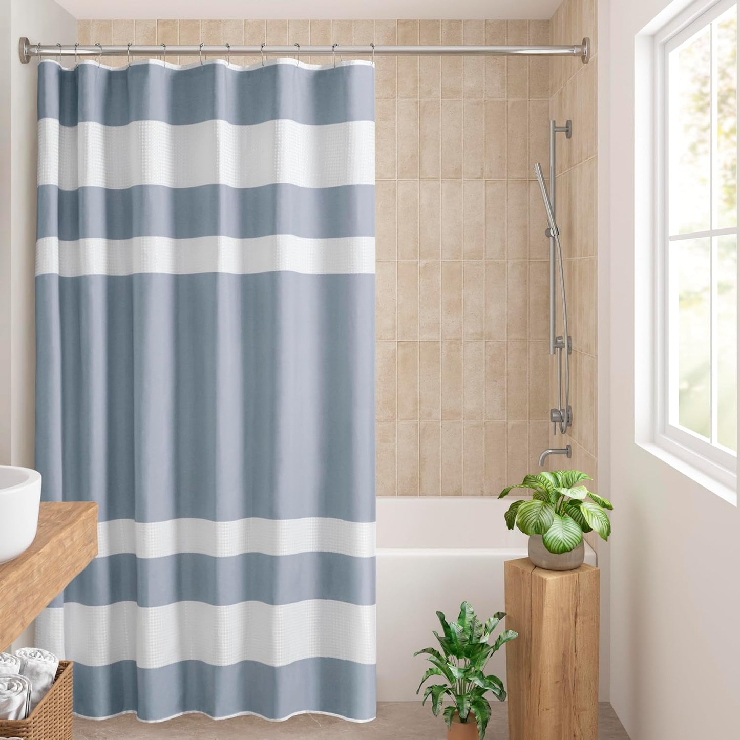Madison Park Shower Curtain Waffle Weave Striped Pieced Design Fabric Shower Curtains for Bathroom with 3M Scotchgard Moisture Management Premium Spa Quality Modern Standard 72"x72" Grey