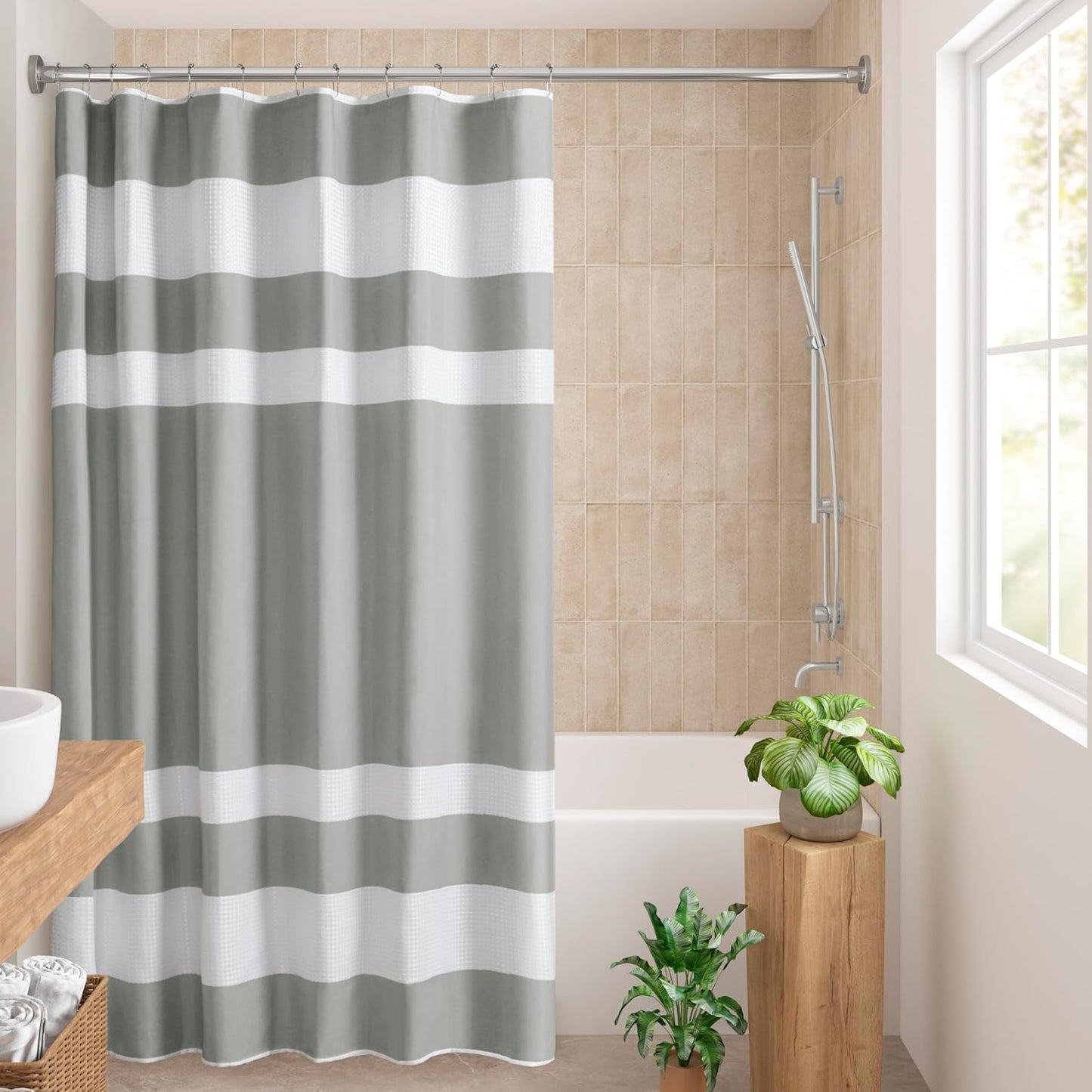 Madison Park Shower Curtain Waffle Weave Striped Pieced Design Fabric Shower Curtains for Bathroom with 3M Scotchgard Moisture Management Premium Spa Quality Modern Standard 72"x72" Grey