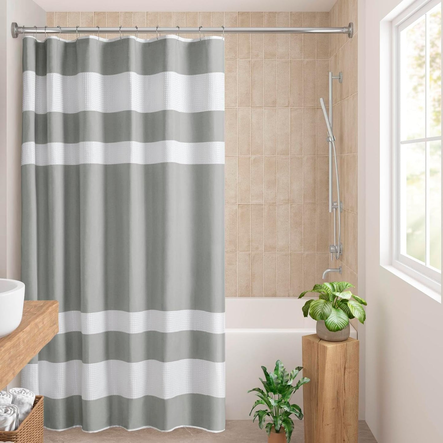 Madison Park Shower Curtain Waffle Weave Striped Pieced Design Fabric Shower Curtains for Bathroom with 3M Scotchgard Moisture Management Premium Spa Quality Modern Standard 72"x72" Grey