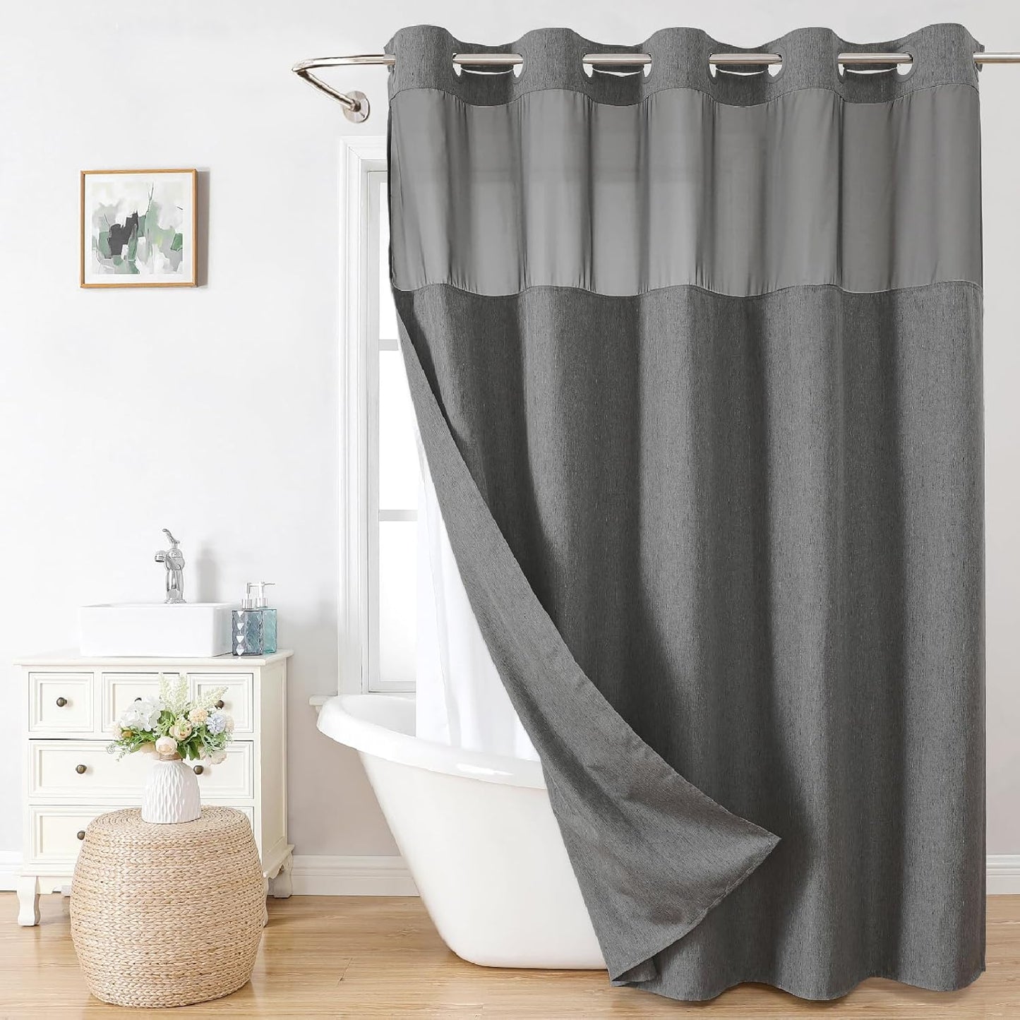 No Hooks Polyester Textured Shower Curtain with Snap-in Fabric Liner Set, Hotel Luxury Decor Shower Curtains for Bathroom with See Through Top Window, Waterproof & Washable, 71Wx74H, Cream