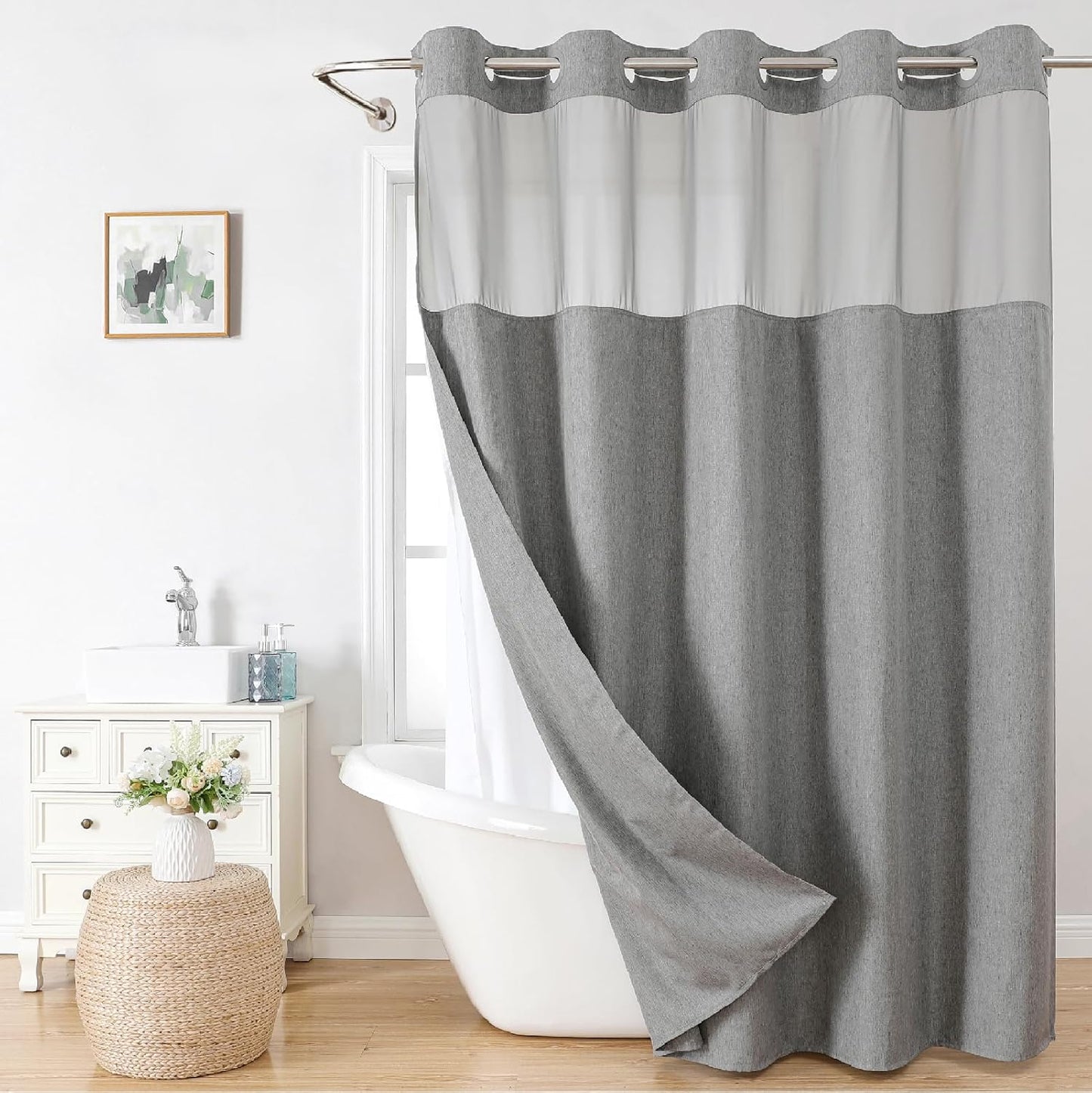 No Hooks Polyester Textured Shower Curtain with Snap-in Fabric Liner Set, Hotel Luxury Decor Shower Curtains for Bathroom with See Through Top Window, Waterproof & Washable, 71Wx74H, Cream