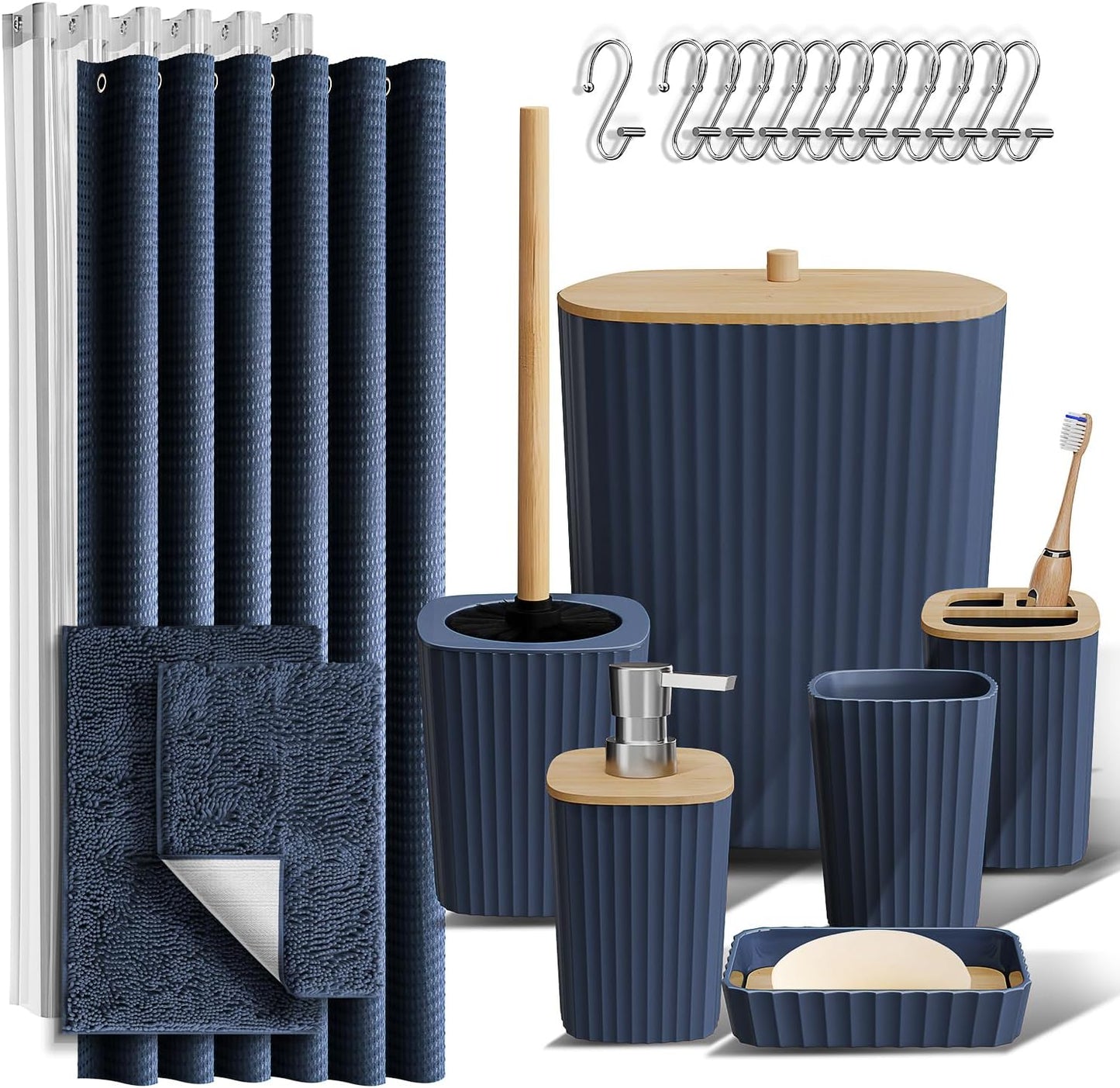 Clara Clark Bathroom Accessories Set - Bathroom Set, 20PC Bathroom Accessory Set, Black Shower Curtain Set, Toilet Brush, Trash Can & Soap Dispenser