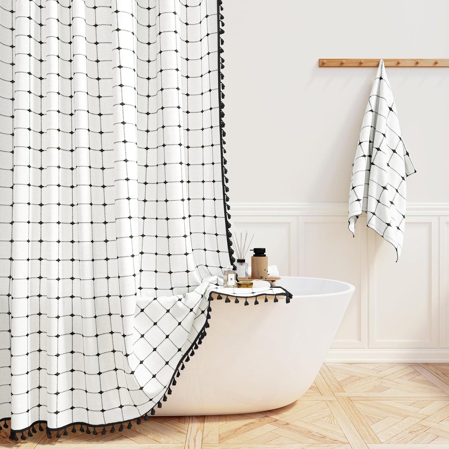 BTTN Extra Long Shower Curtain - 72x84 Inch Long Boho Linen Thick Fabric Shower Curtain Set with Plastic Hooks, Tall Farmhouse French Country Chic Macrame Cloth Shower Curtains for Bathroom, Tan/Taupe