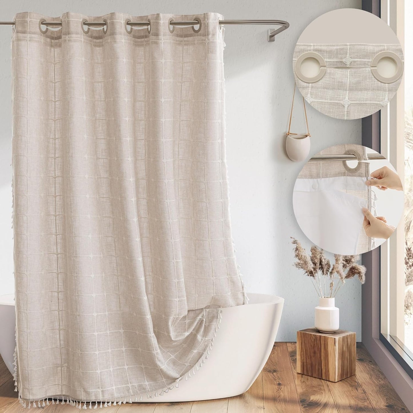 River Dream Farmhouse Linen Textured Shower Curtain with Snap-in Liner Set, No Hooks Needed, with Tassels for Rustic Bathroom Decor,with Window,with Magnets,Linen,71Wx74H
