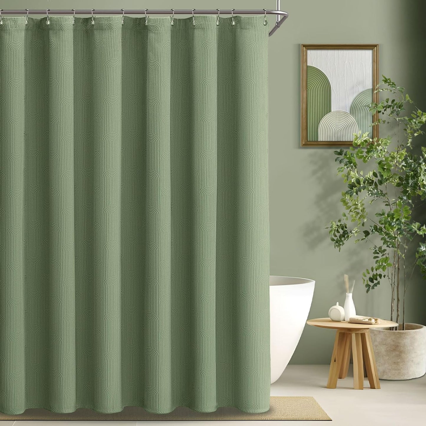 Awellife Sage Green Shower Curtains for Bathroom Cotton Fabric Touch Bohemian Mid Century Boho Minimalist Arch 72" L X 72" W