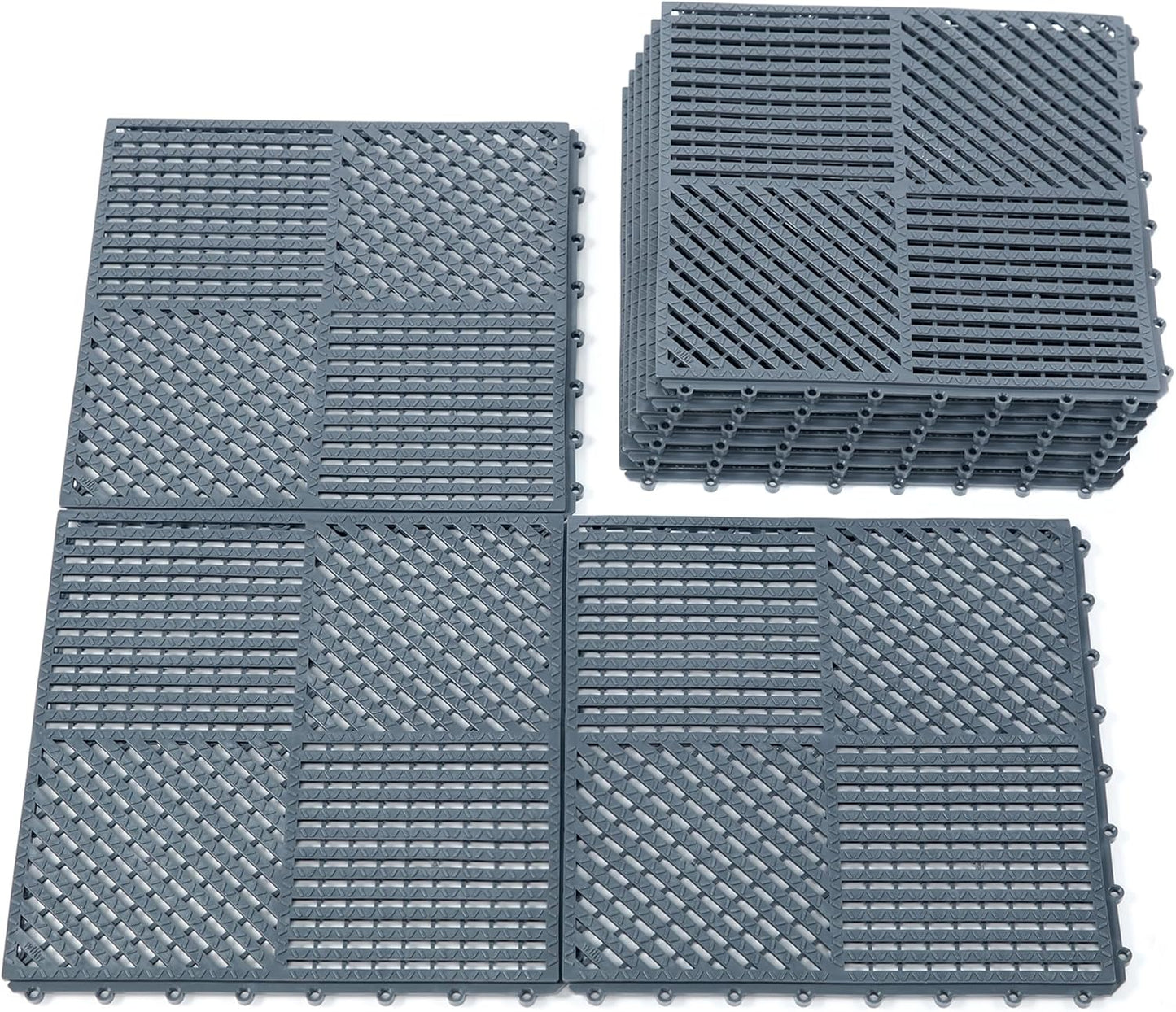 18 Pack Interlocking Drainage Tiles Double Non-Slip Tiles Mat with Drain Holes for Pool, Bathroom, Shower, Pantry, Patio, Boat, Pet Area, 12"×12" Dark Gray