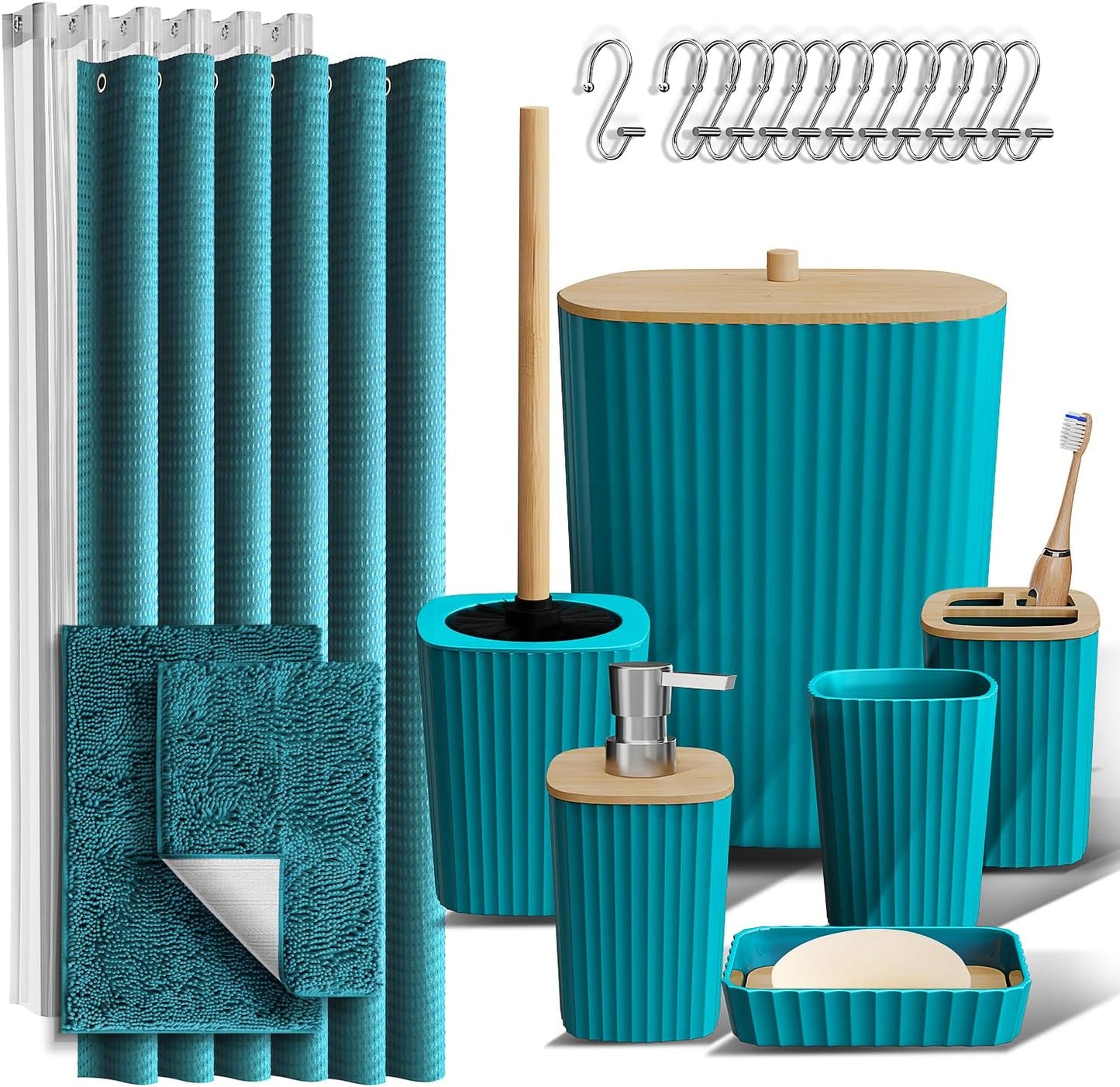 Clara Clark Bathroom Accessories Set - Bathroom Set, 20PC Bathroom Accessory Set, Black Shower Curtain Set, Toilet Brush, Trash Can & Soap Dispenser