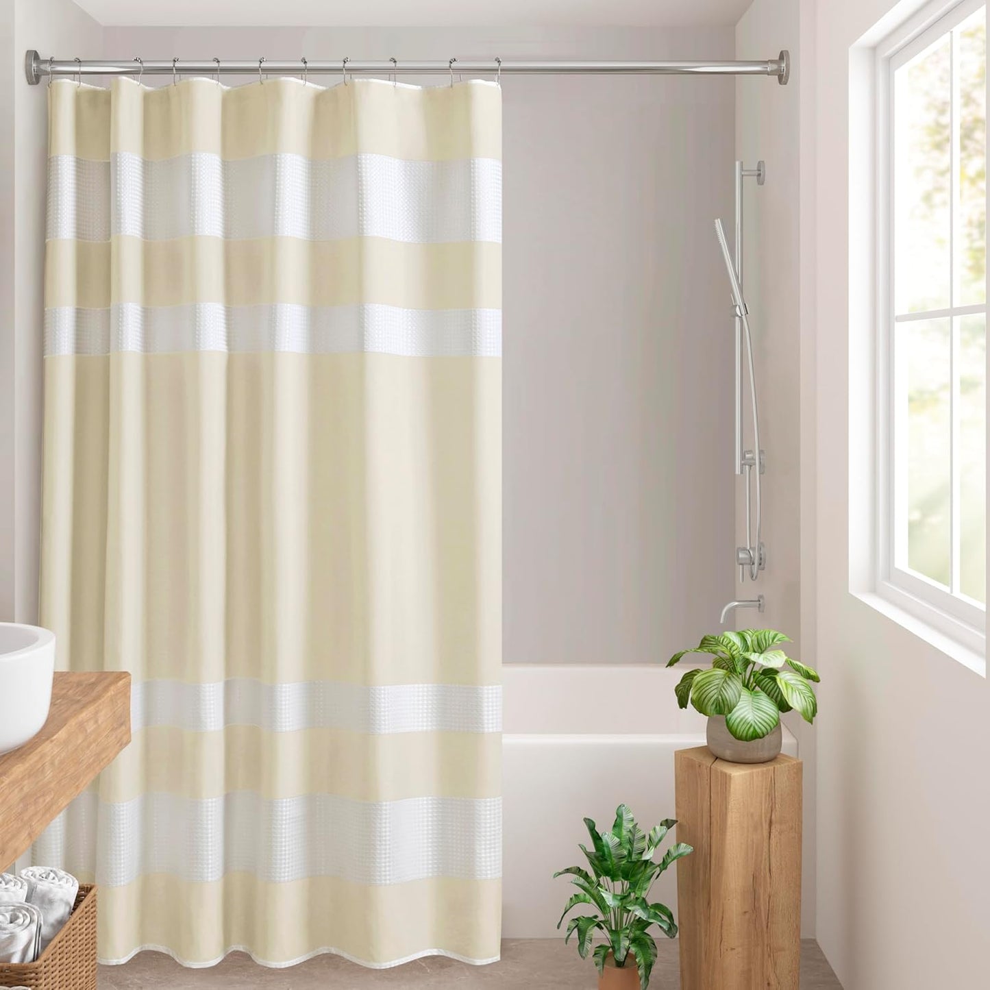 Madison Park Shower Curtain Waffle Weave Striped Pieced Design Fabric Shower Curtains for Bathroom with 3M Scotchgard Moisture Management Premium Spa Quality Modern Standard 72"x72" Grey
