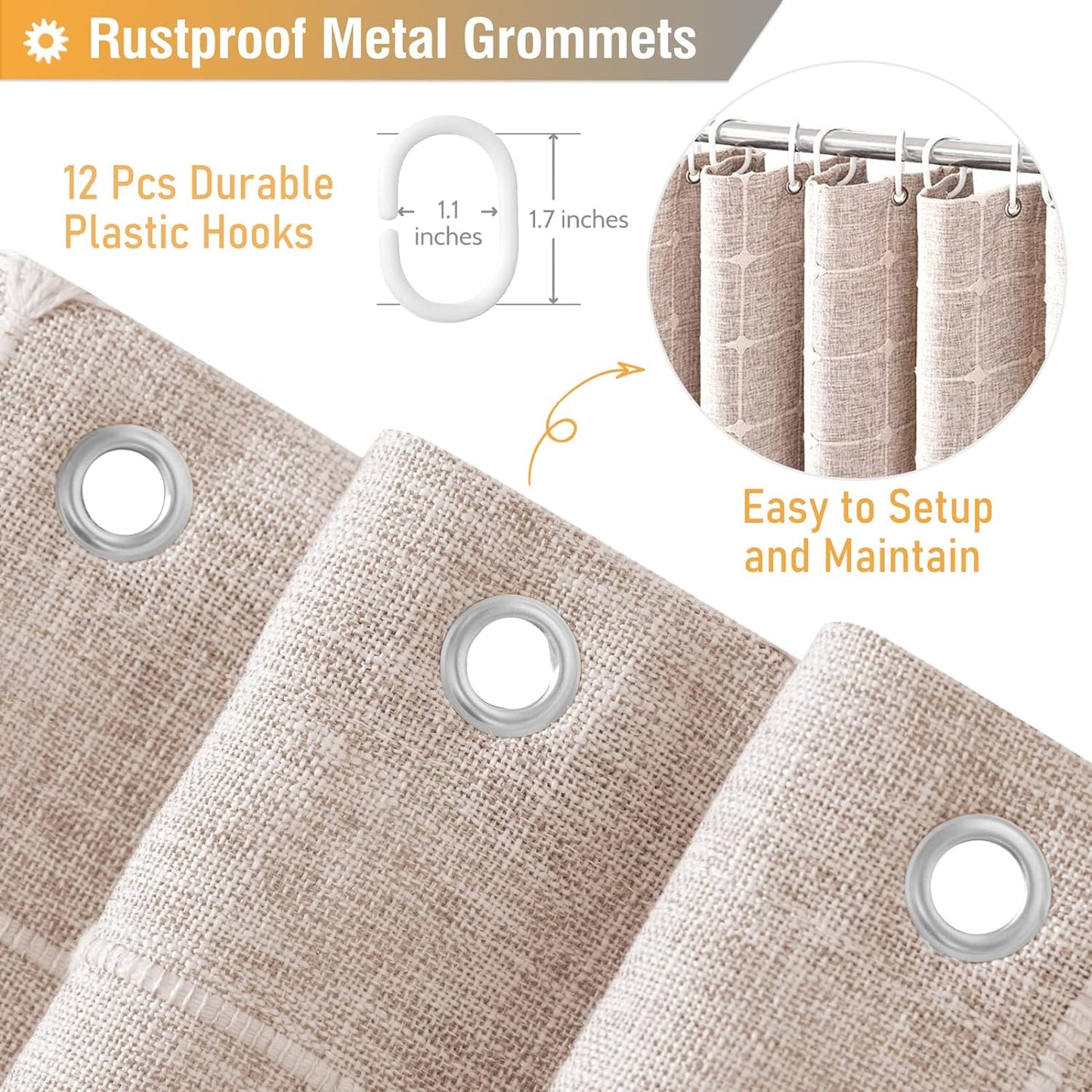 BTTN Extra Long Shower Curtain - 72x84 Inch Long Boho Linen Thick Fabric Shower Curtain Set with Plastic Hooks, Tall Farmhouse French Country Chic Macrame Cloth Shower Curtains for Bathroom, Tan/Taupe