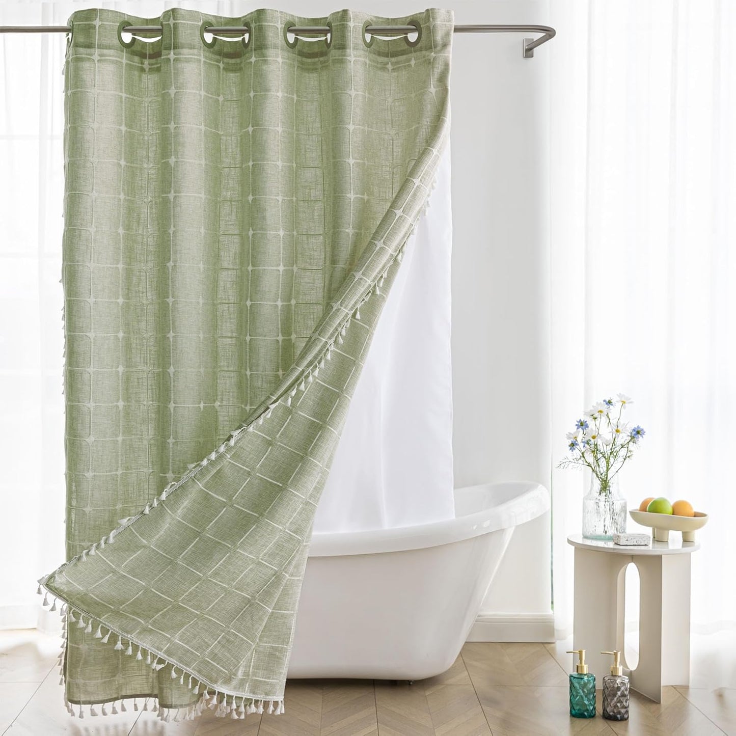 River Dream Farmhouse Linen Textured Shower Curtain with Snap-in Liner Set, No Hooks Needed, with Tassels for Rustic Bathroom Decor,with Window,with Magnets,Linen,71Wx74H