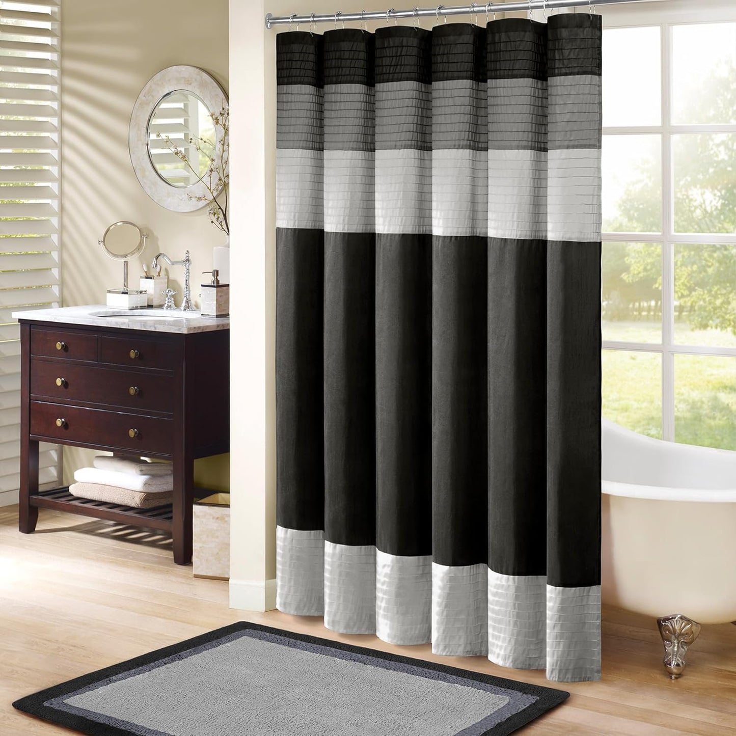 Madison Park Amherst Bathroom Shower Curtain Faux Silk Pieced Striped Modern Microfiber Bath Curtains, 72x72 Inches, Natural