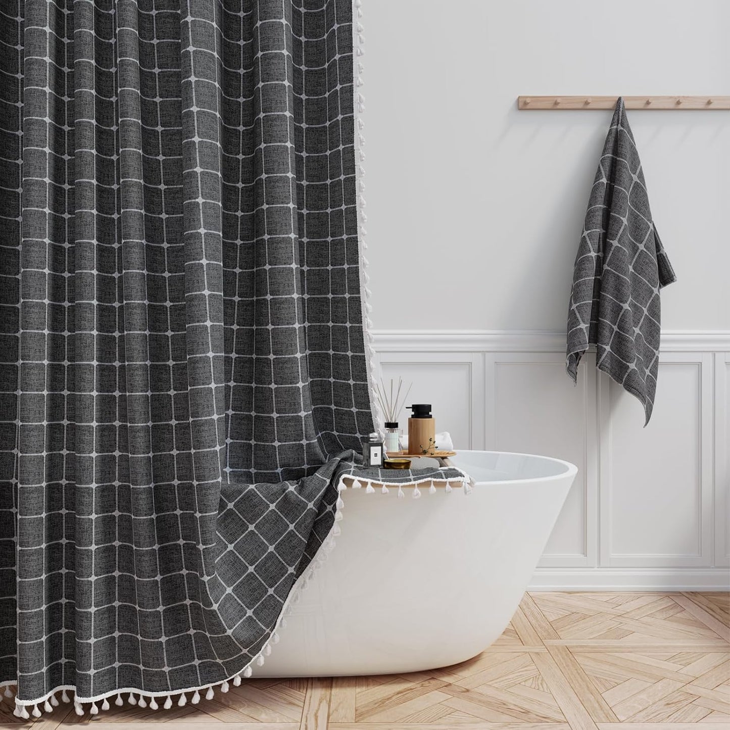 BTTN Extra Long Shower Curtain - 72x84 Inch Long Boho Linen Thick Fabric Shower Curtain Set with Plastic Hooks, Tall Farmhouse French Country Chic Macrame Cloth Shower Curtains for Bathroom, Tan/Taupe