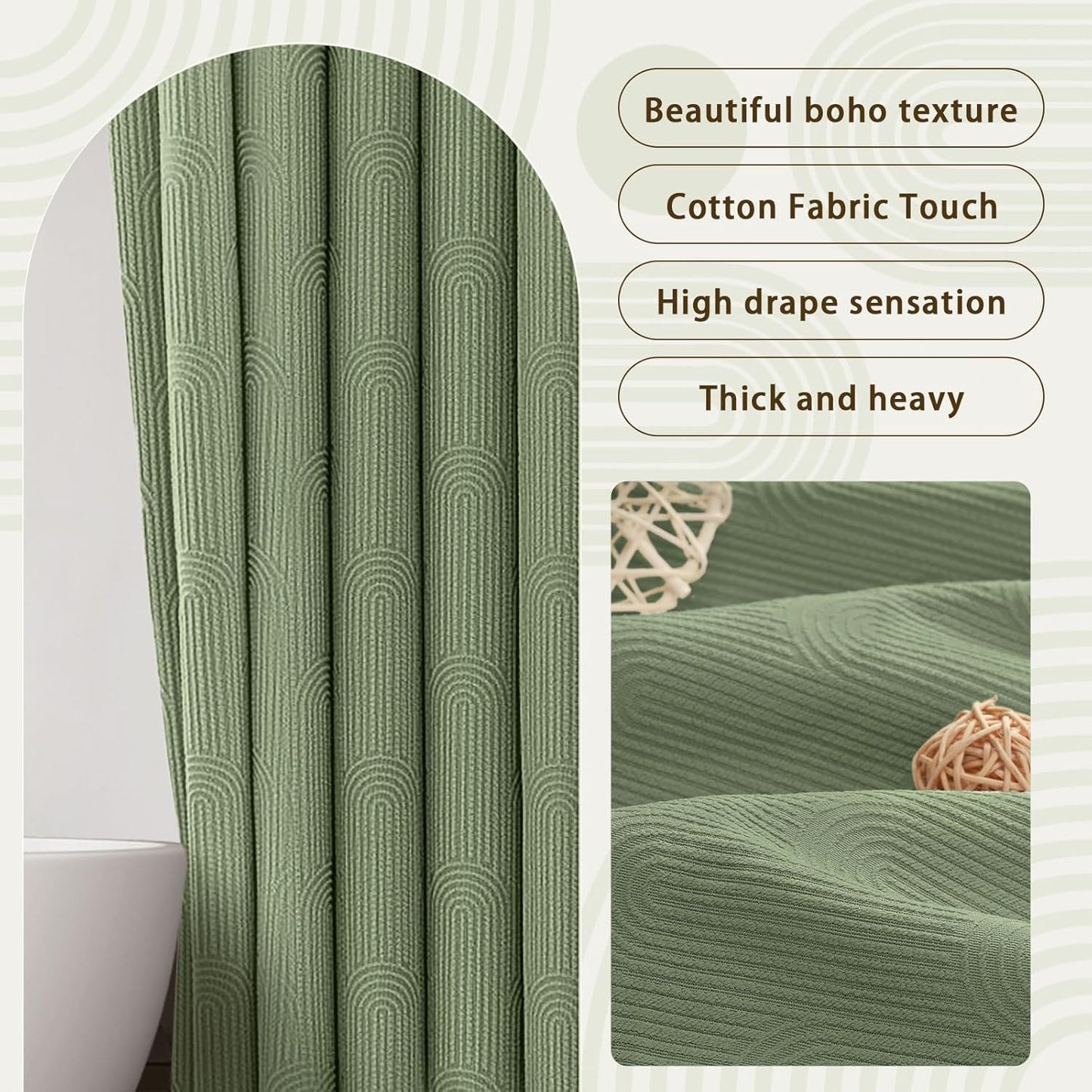 Awellife Sage Green Shower Curtains for Bathroom Cotton Fabric Touch Bohemian Mid Century Boho Minimalist Arch 72" L X 72" W