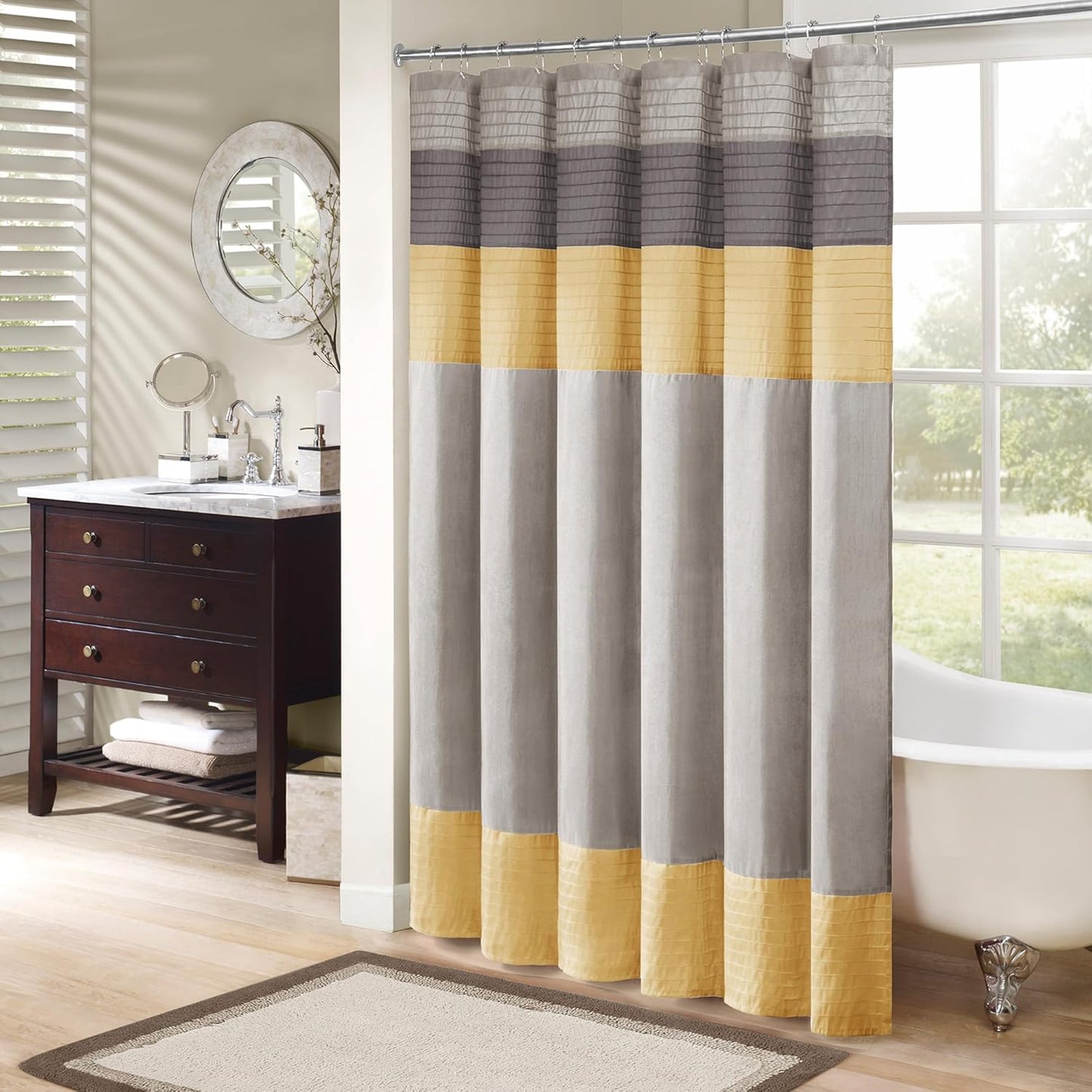 Madison Park Amherst Bathroom Shower Curtain Faux Silk Pieced Striped Modern Microfiber Bath Curtains, 72x72 Inches, Natural