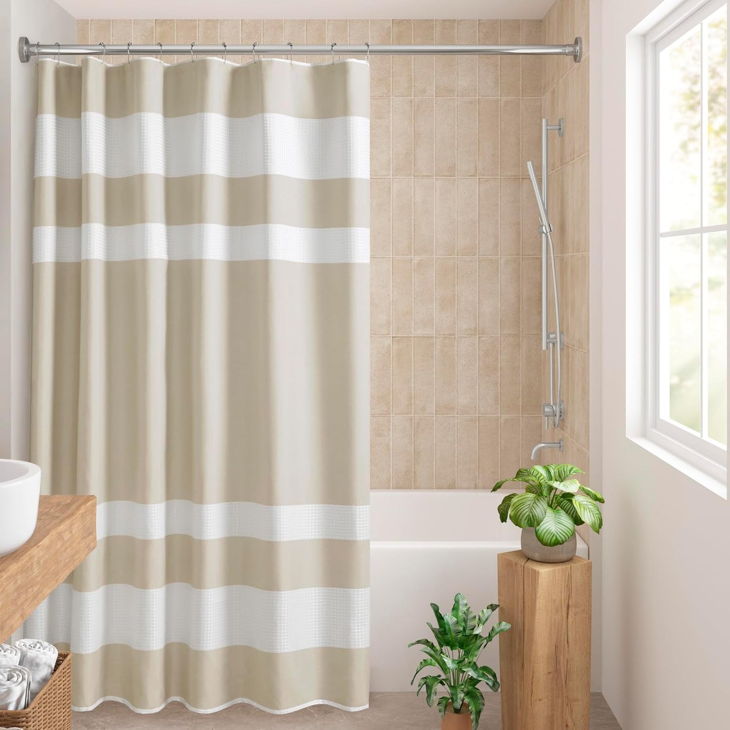 Madison Park Shower Curtain Waffle Weave Striped Pieced Design Fabric Shower Curtains for Bathroom with 3M Scotchgard Moisture Management Premium Spa Quality Modern Standard 72"x72" Grey