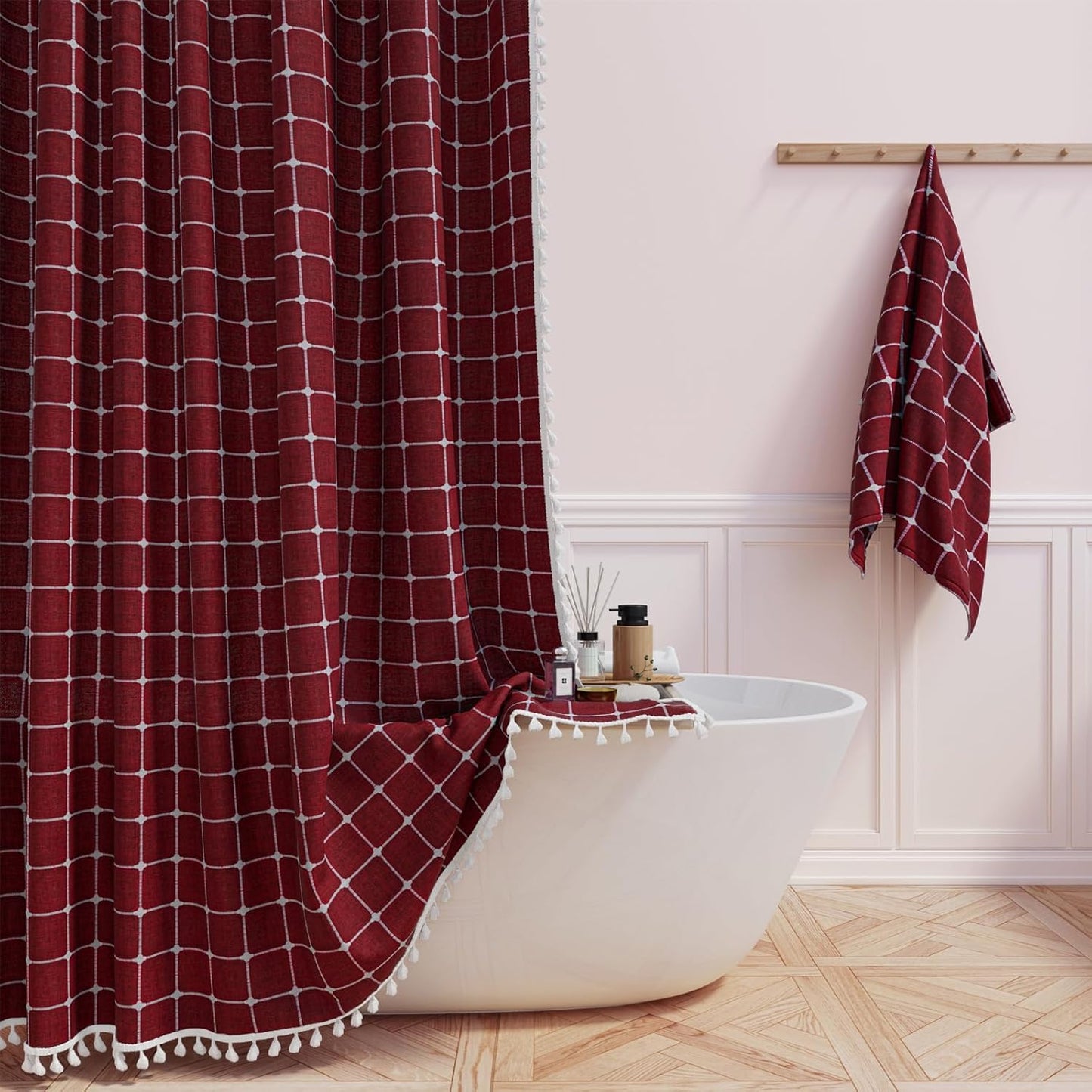 BTTN Extra Long Shower Curtain - 72x84 Inch Long Boho Linen Thick Fabric Shower Curtain Set with Plastic Hooks, Tall Farmhouse French Country Chic Macrame Cloth Shower Curtains for Bathroom, Tan/Taupe