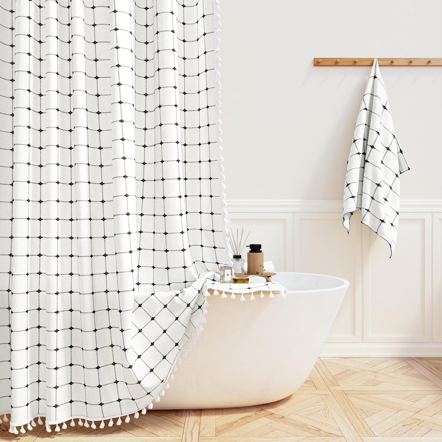 BTTN Extra Long Shower Curtain - 72x84 Inch Long Boho Linen Thick Fabric Shower Curtain Set with Plastic Hooks, Tall Farmhouse French Country Chic Macrame Cloth Shower Curtains for Bathroom, Tan/Taupe
