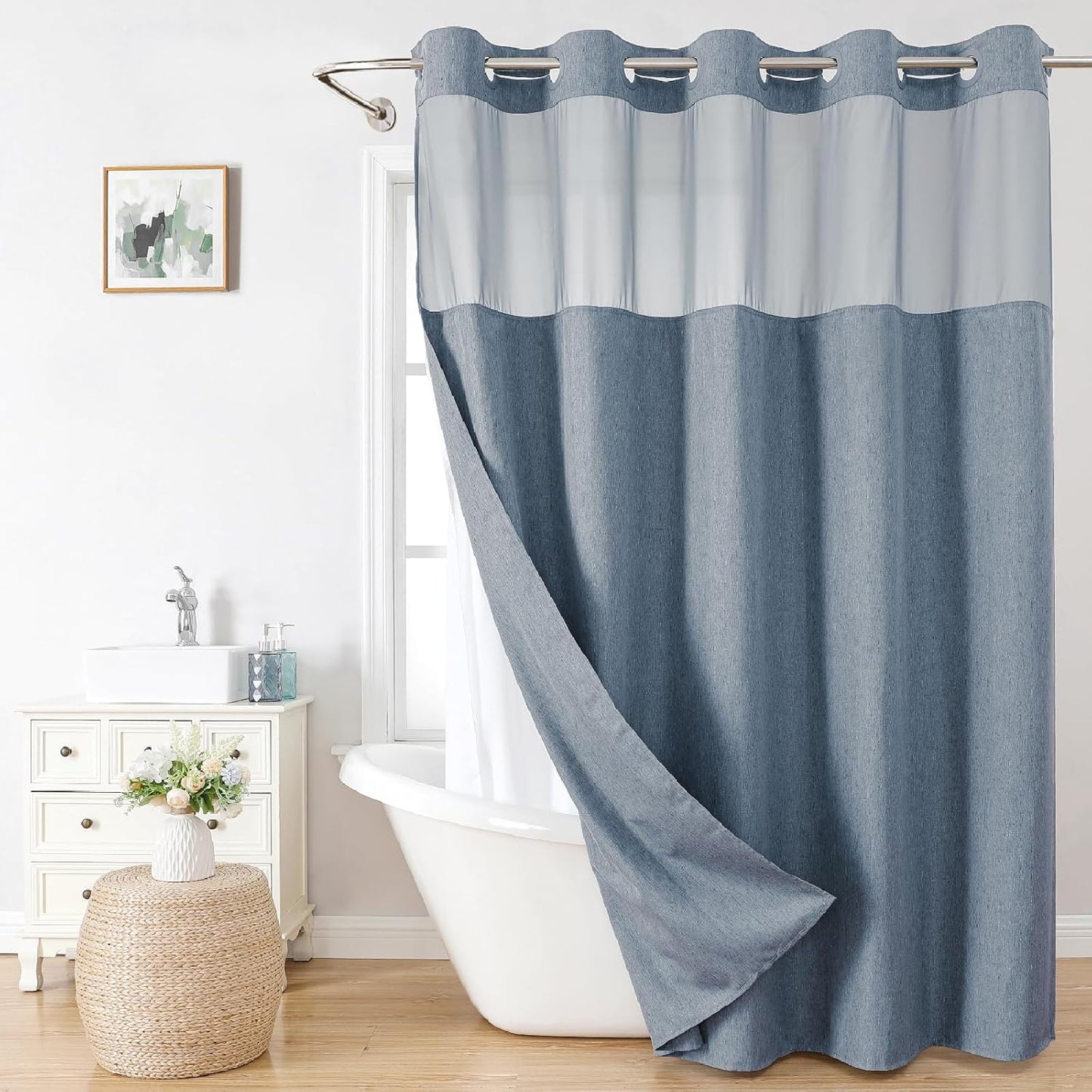 No Hooks Polyester Textured Shower Curtain with Snap-in Fabric Liner Set, Hotel Luxury Decor Shower Curtains for Bathroom with See Through Top Window, Waterproof & Washable, 71Wx74H, Cream