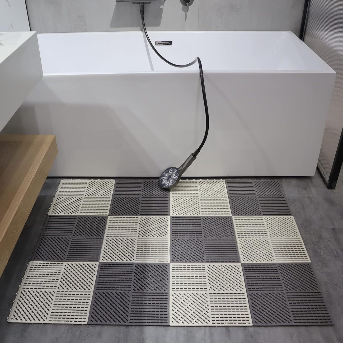 18 Pack Interlocking Drainage Tiles Double Non-Slip Tiles Mat with Drain Holes for Pool, Bathroom, Shower, Pantry, Patio, Boat, Pet Area, 12"×12" Dark Gray