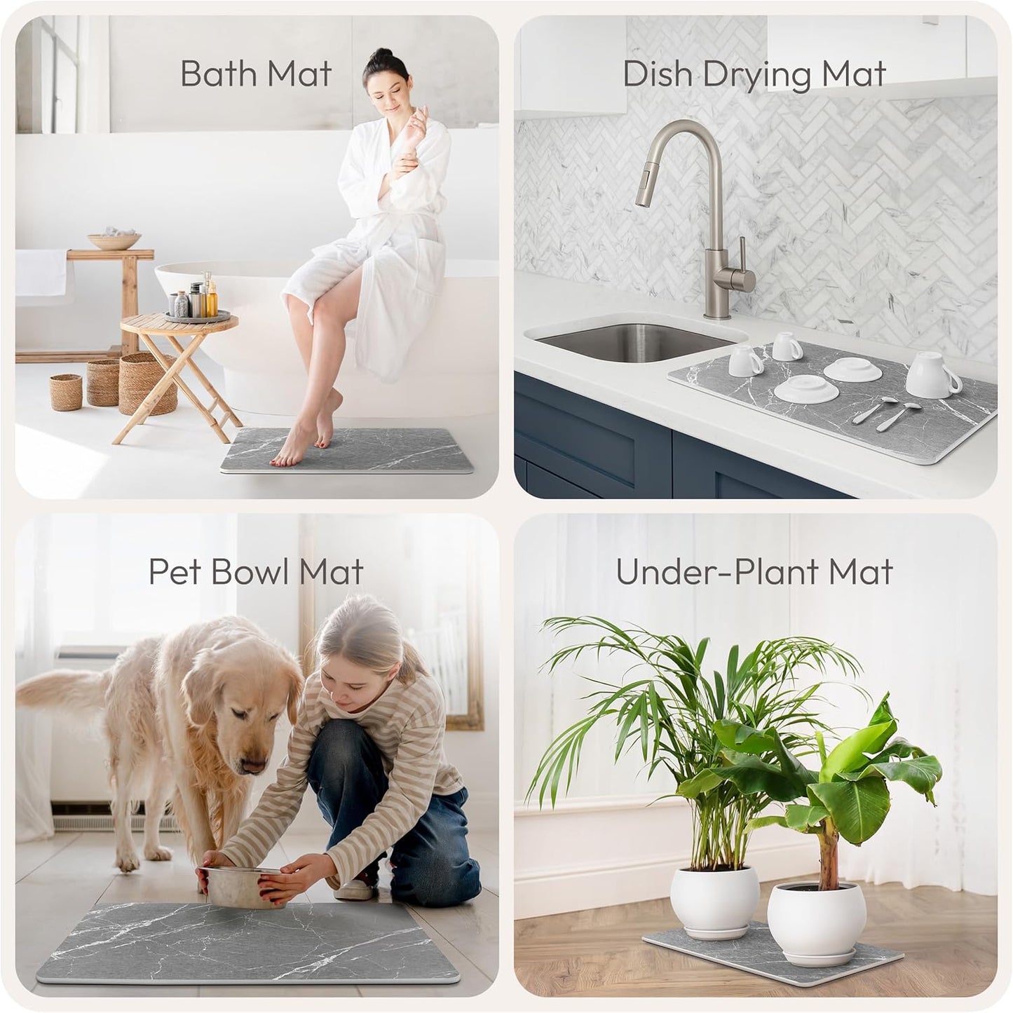 Stone Bath Mat Quick-Dry Absorbing Diatomaceous Earth Bath Mat | 2 Stone Mats - Large & Small Mat for Bathroom | Anti-Slip Diatomaceous Bathmat 100% Natural Bathroom Rug Stones (Gray Marble)