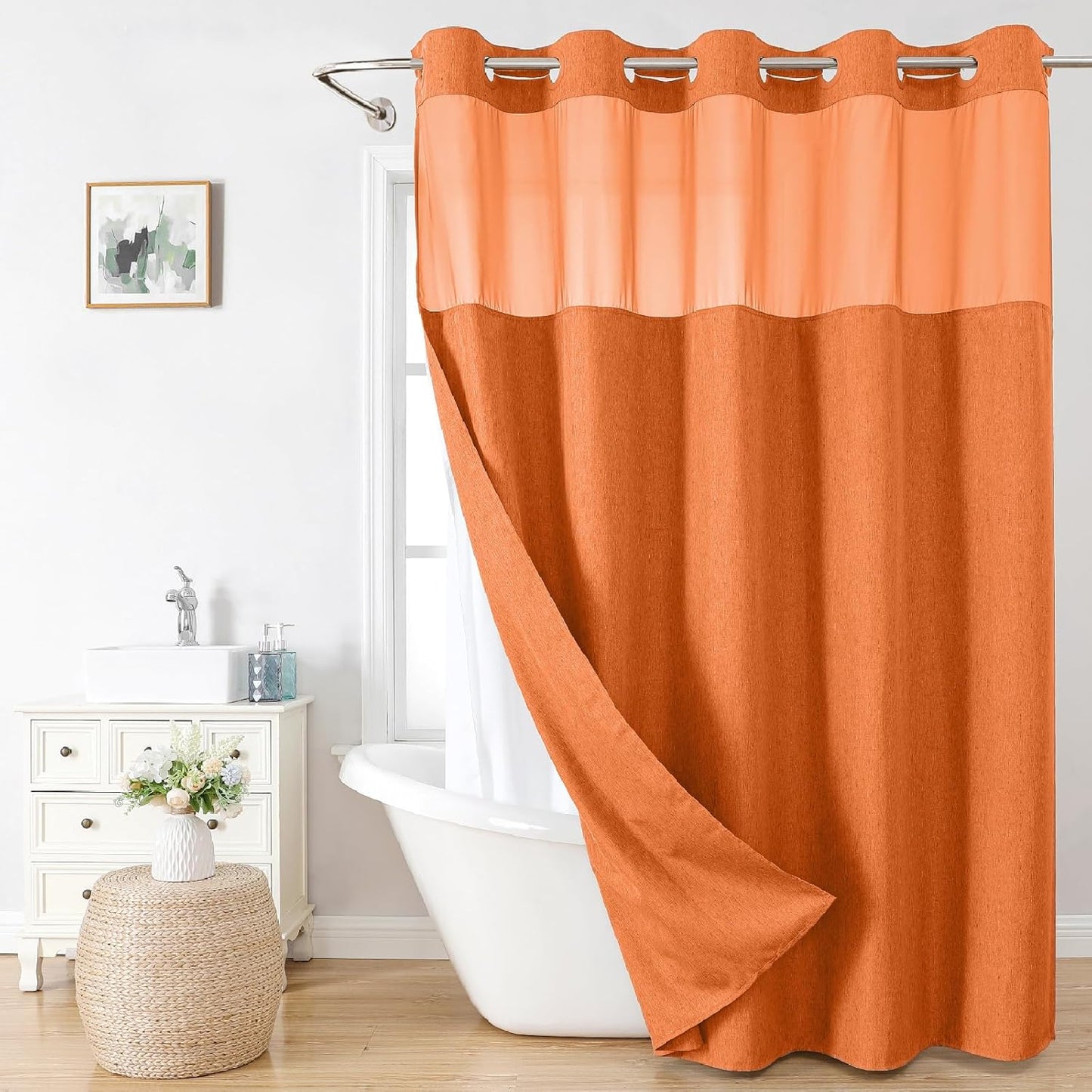 No Hooks Polyester Textured Shower Curtain with Snap-in Fabric Liner Set, Hotel Luxury Decor Shower Curtains for Bathroom with See Through Top Window, Waterproof & Washable, 71Wx74H, Cream