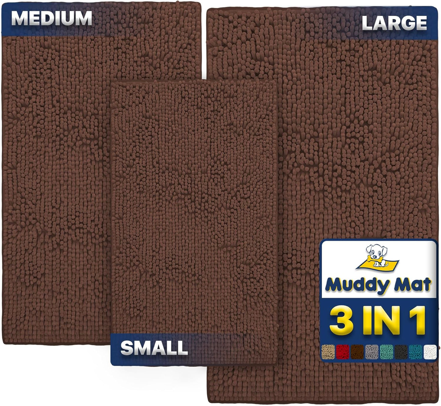 Muddy Mat® Pack of 3 Highly Absorbent Microfiber Dog Door Mat and Pet Rug, Non Slip Thick Washable Area Mat Soft Chenille for Kitchen Bathroom Bedroom and Outdoor - Beige Small, Medium & Large