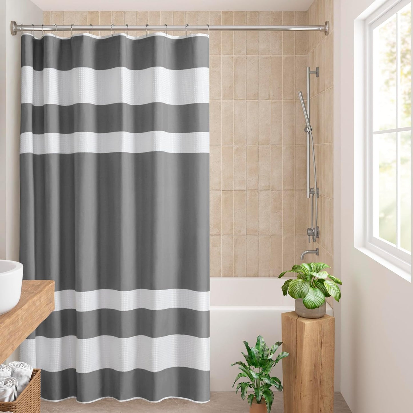 Madison Park Shower Curtain Waffle Weave Striped Pieced Design Fabric Shower Curtains for Bathroom with 3M Scotchgard Moisture Management Premium Spa Quality Modern Standard 72"x72" Grey