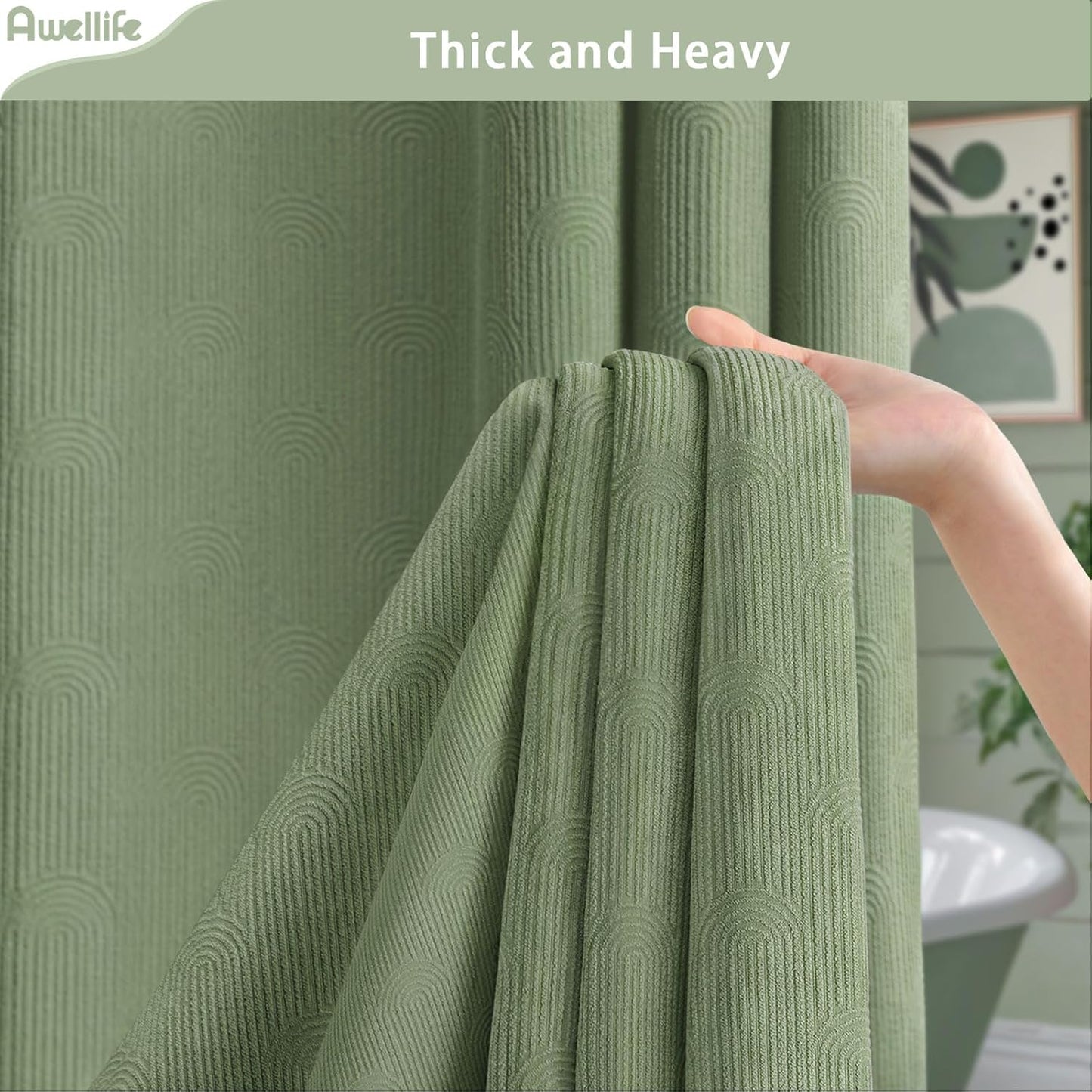 Awellife Sage Green Shower Curtains for Bathroom Cotton Fabric Touch Bohemian Mid Century Boho Minimalist Arch 72" L X 72" W